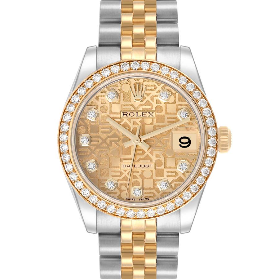 The Rolex Datejust Mid-Size is shown from a front angle, highlighting its gold patterned dial, diamond bezel, and two-tone bracelet.