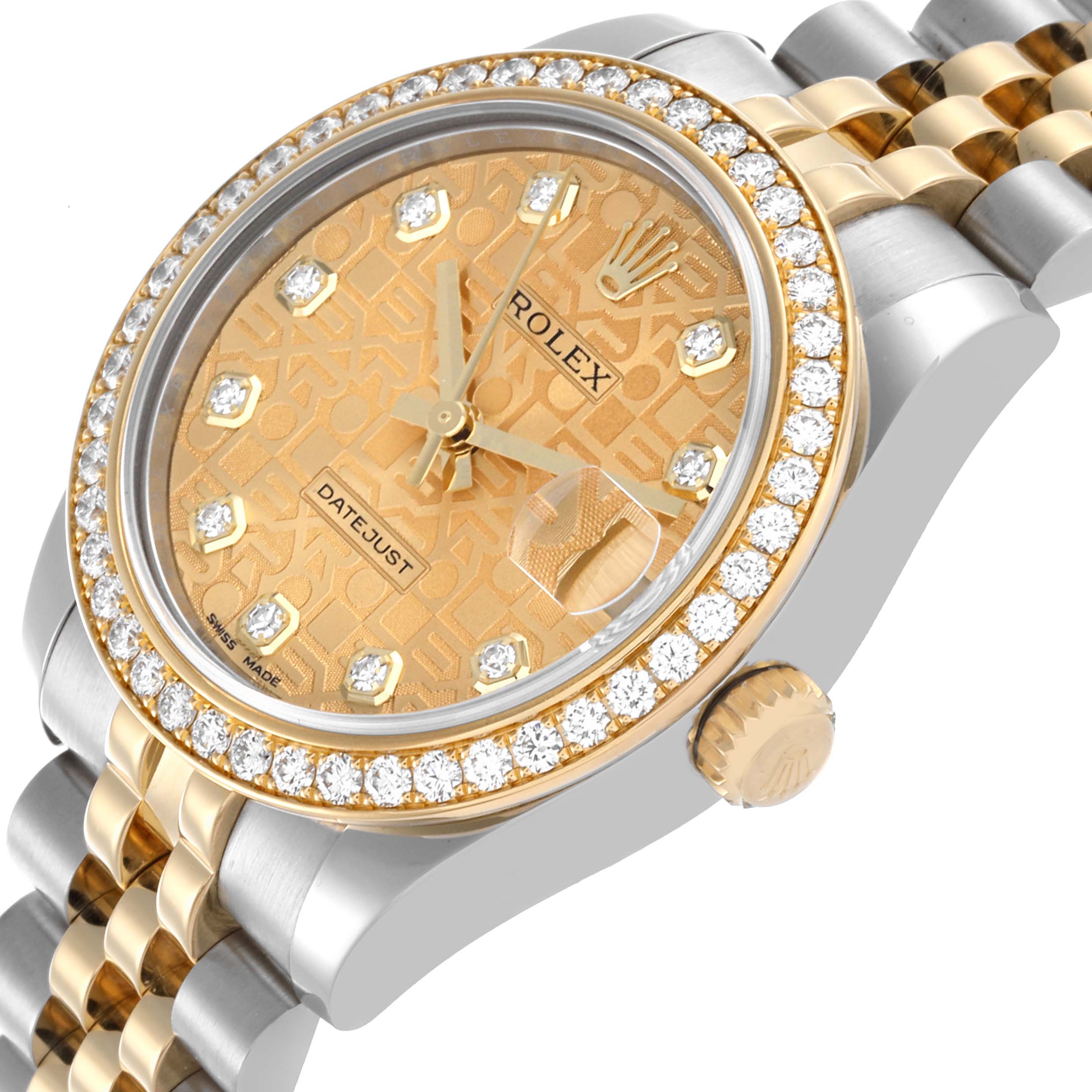 The Rolex Mid-Size M178383-0008 Women's Steel and Gold (two tone) Champagne Dial M178383-0008 Women's Steel and Gold (two tone) Champagne Dial watch is shown at an angle highlighting the gold face, diamond bezel, crown, and two-tone bracelet.