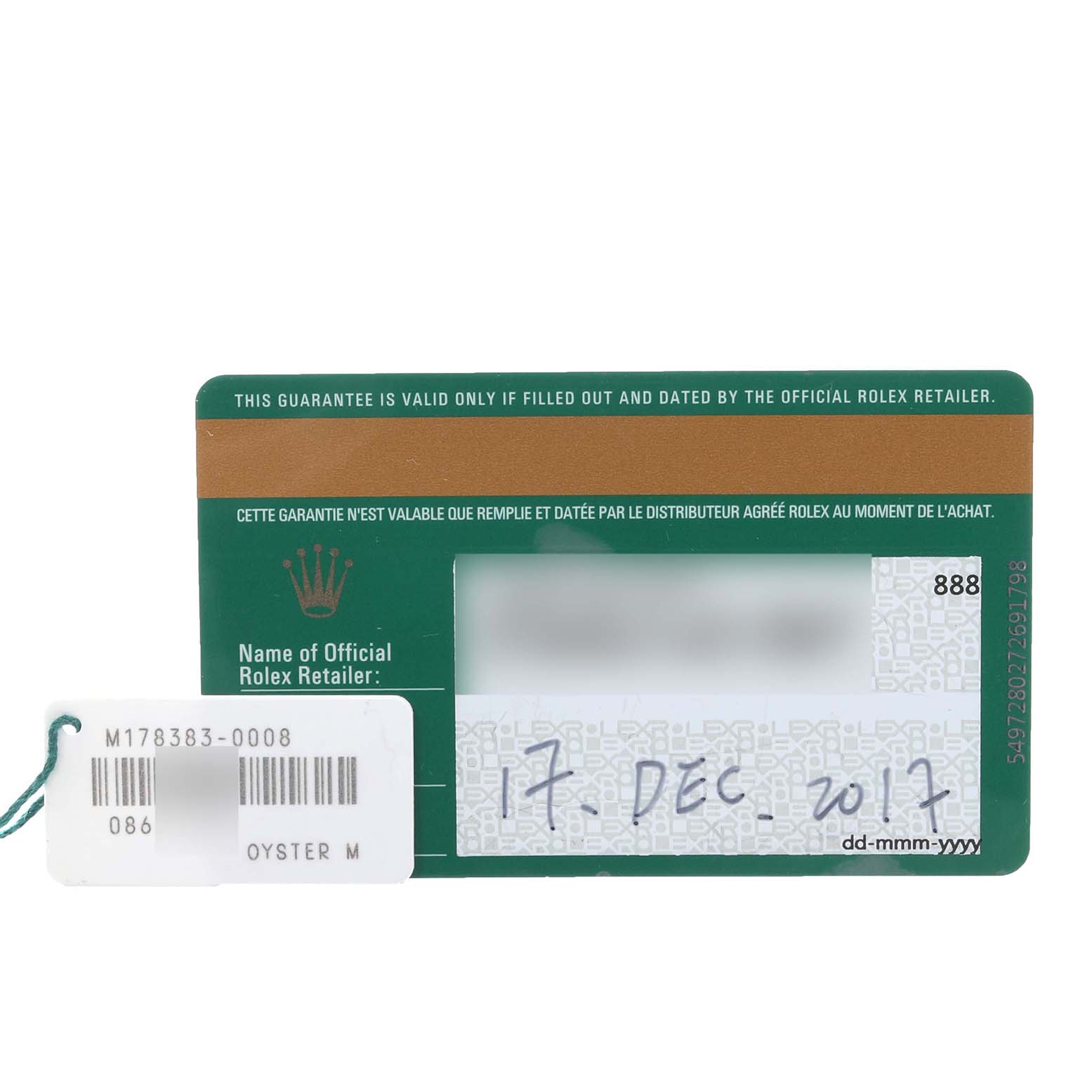 The image shows a guarantee card and tag for a Rolex Mid-Size M178383-0008 Women's Steel and Gold (two tone) Champagne Dial M178383-0008 Women's Steel and Gold (two tone) Champagne Dial model.