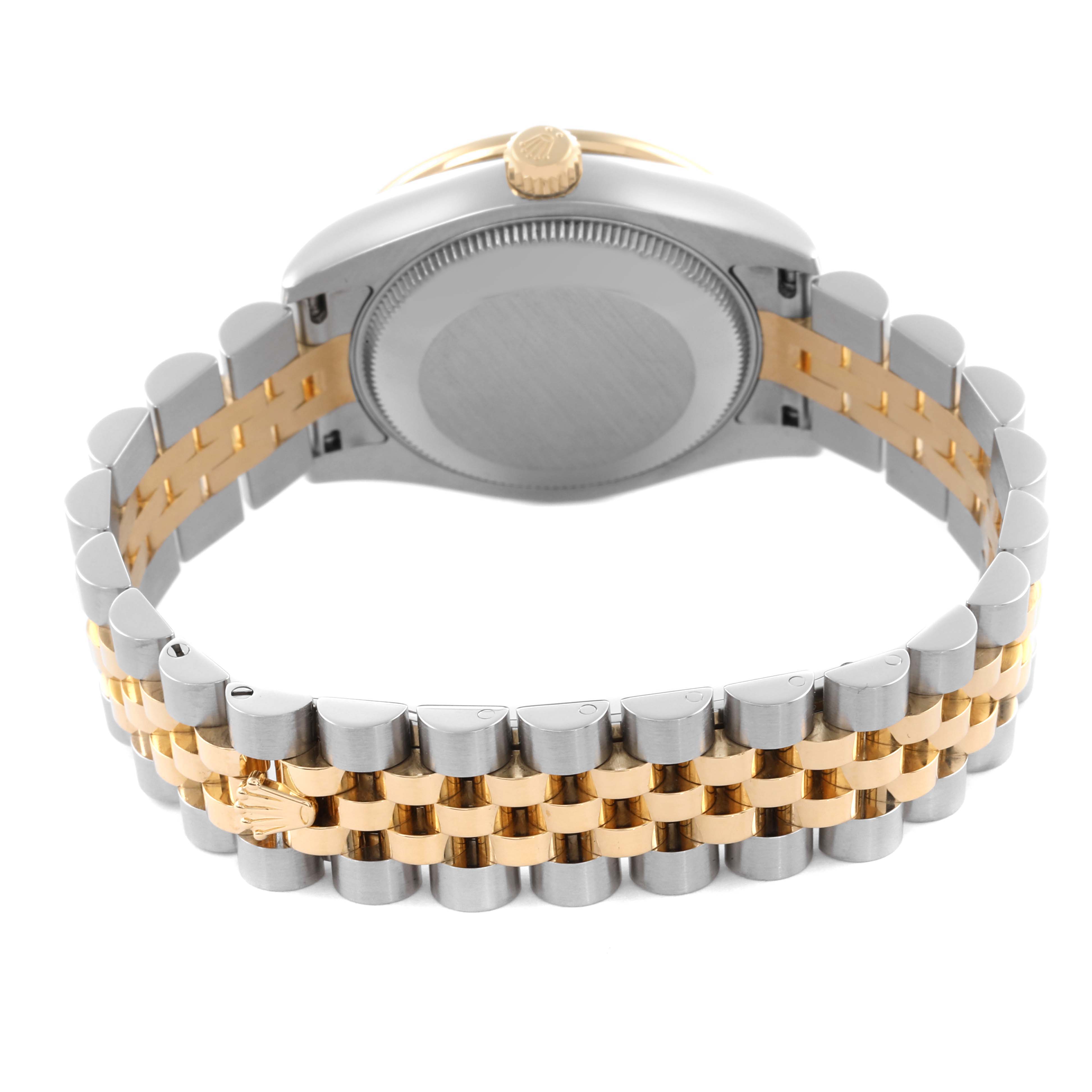The image shows the back and bracelet of the Mid-Size Rolex, highlighting the two-tone band and crown.