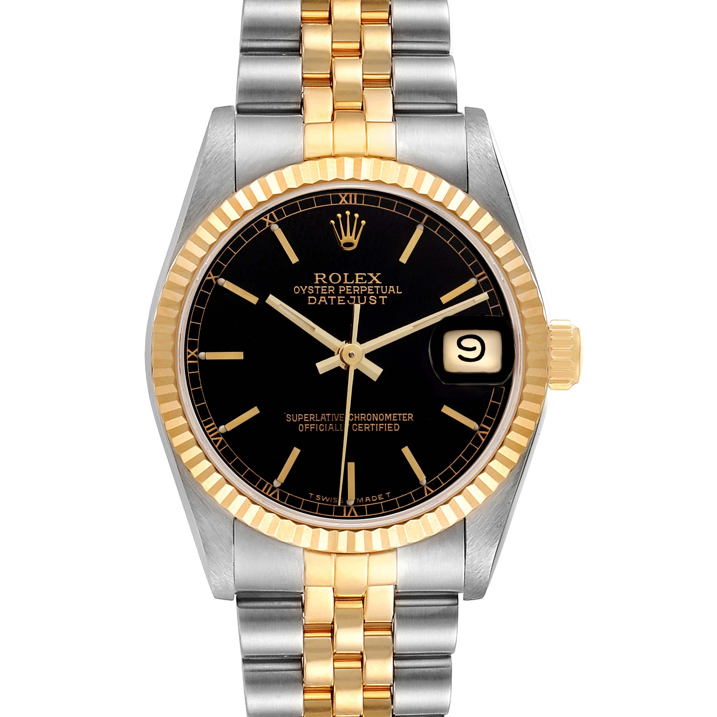 This image shows a front view of a Mid-Size Rolex Datejust watch, highlighting the black dial, date feature, and two-tone bracelet.