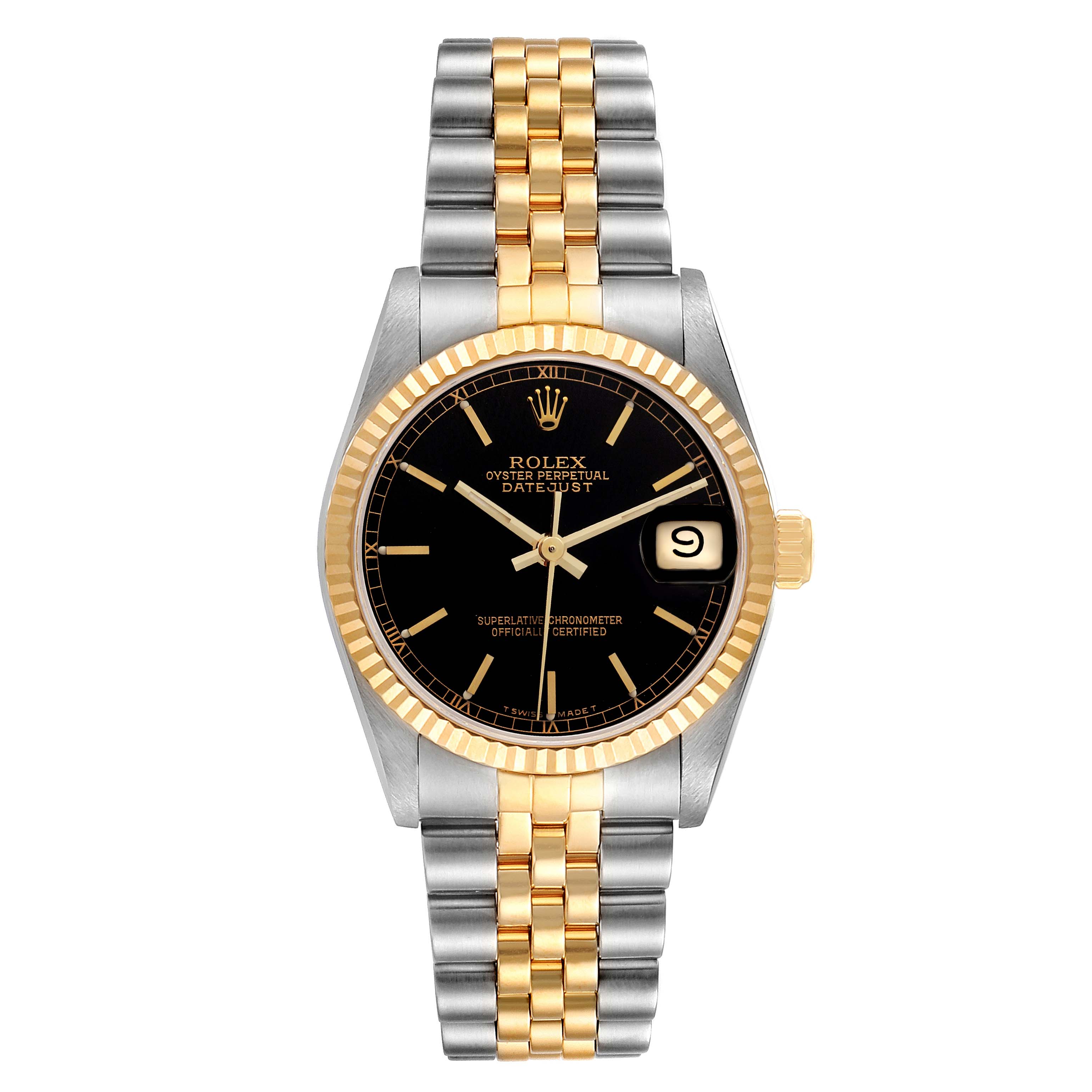 This Rolex Mid-Size 68273 Women
s Steel and Gold (two tone) Black Dial 68273 Women
s Steel and Gold (two tone) Black Dial Oyster Perpetual Datejust watch is shown in a frontal view, highlighting the black dial, gold fluted bezel, and two-tone bracelet.
