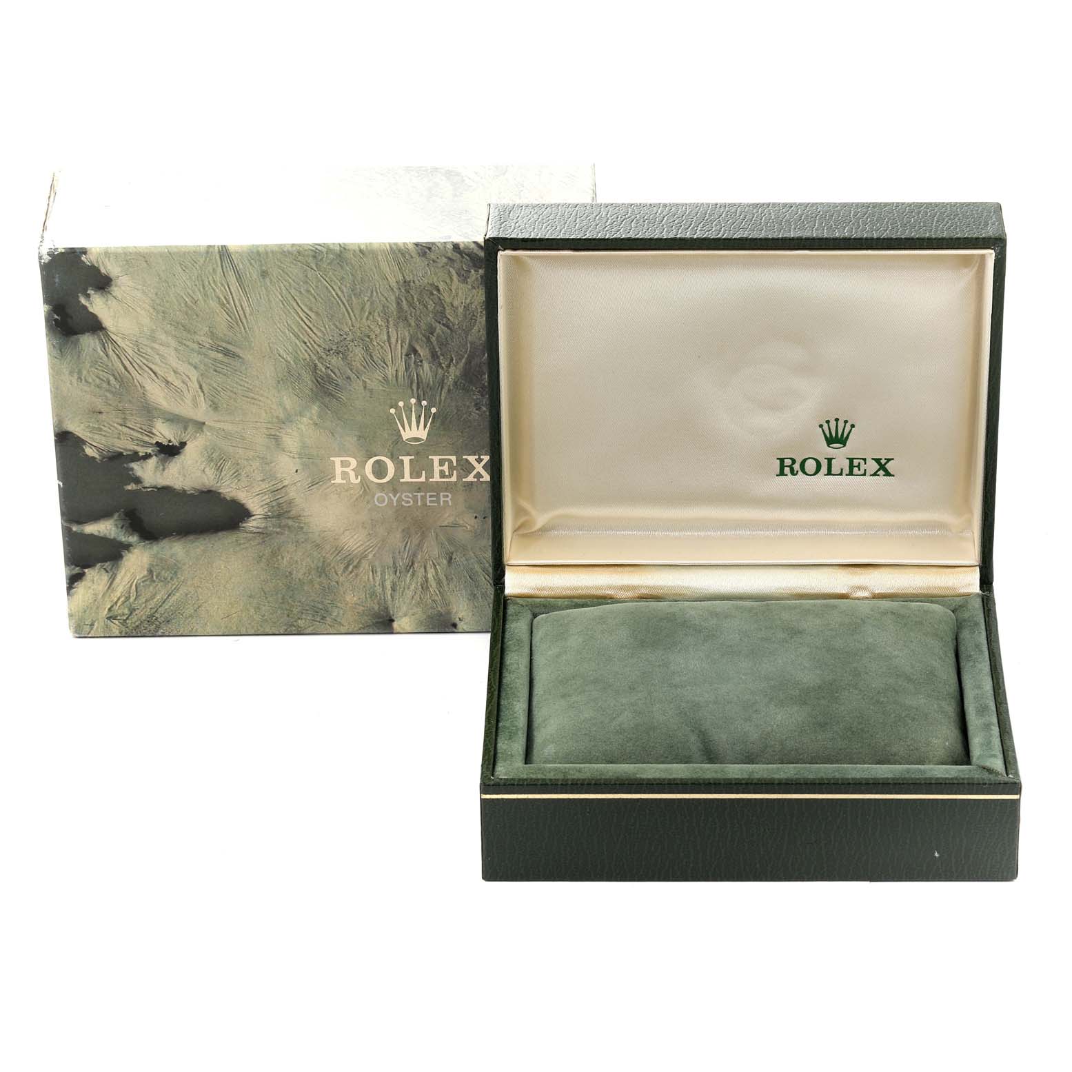 The image shows an open Rolex Oyster watch box and its outer packaging, featuring the brand logo.