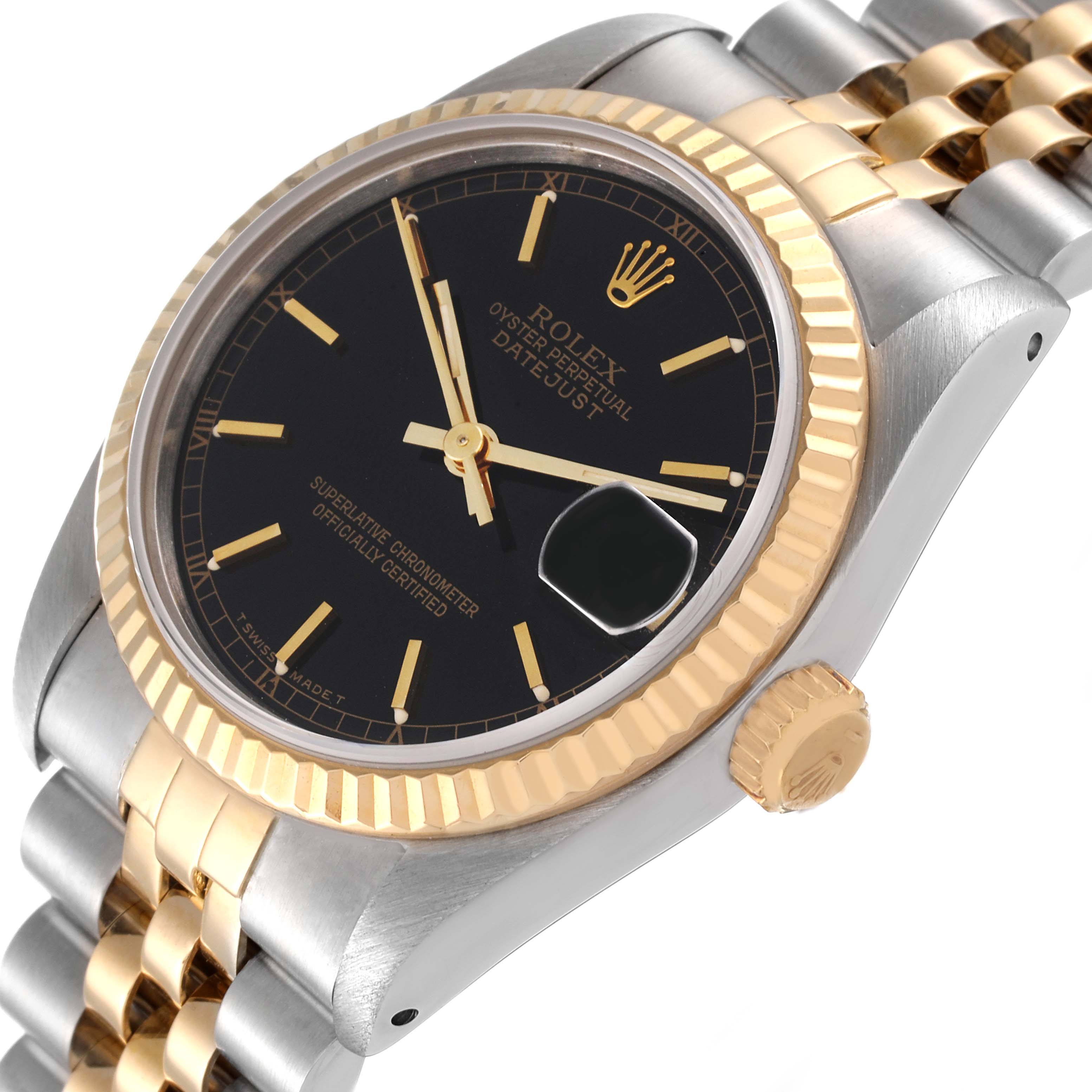 The Rolex Mid-Size 68273 Women
s Steel and Gold (two tone) Black Dial 68273 Women
s Steel and Gold (two tone) Black Dial model watch is shown at an angled close-up, highlighting the face, bezel, crown, and part of the bracelet.
