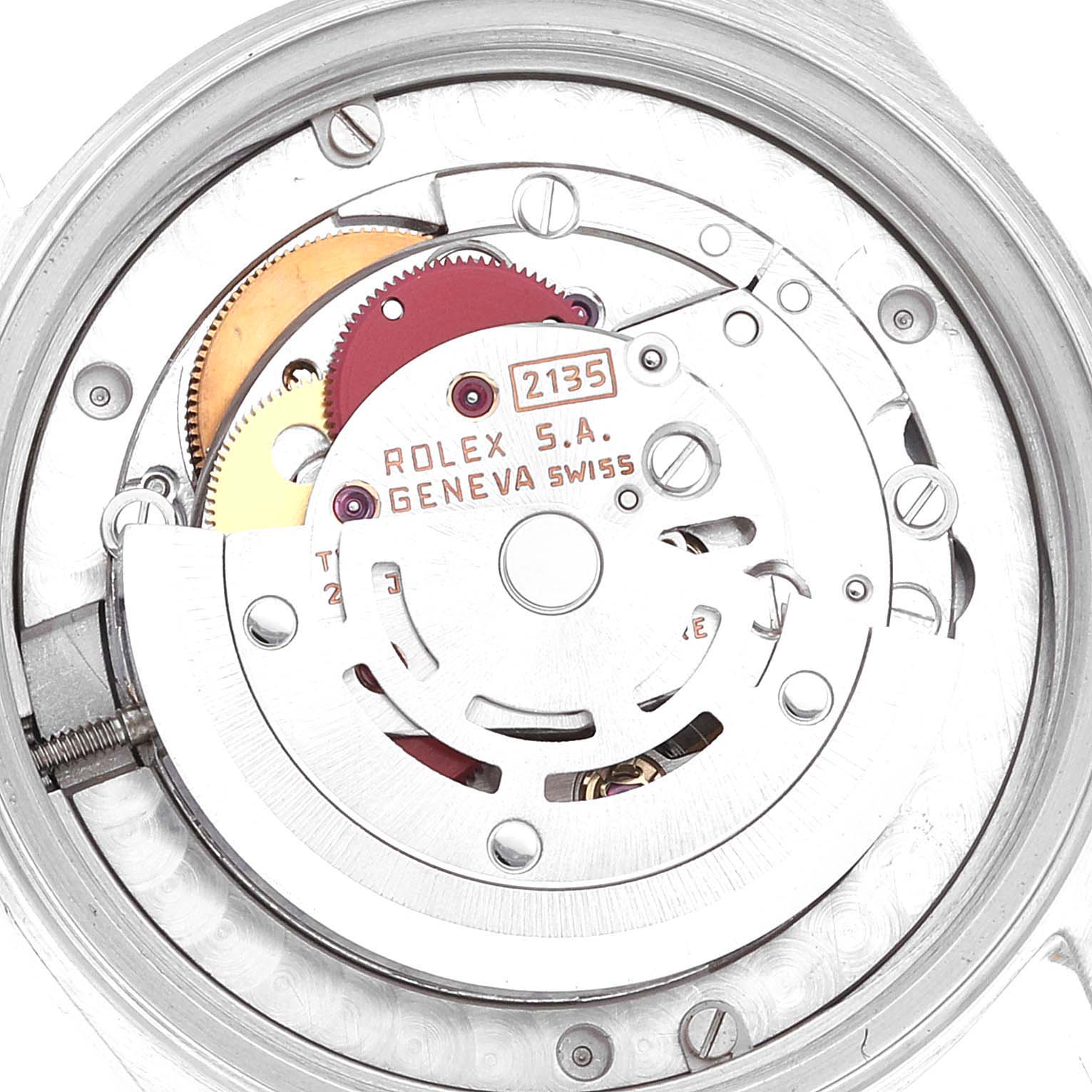 The image shows the internal mechanism and movement parts of a Rolex Mid-Size 68273 Women
s Steel and Gold (two tone) Black Dial 68273 Women
s Steel and Gold (two tone) Black Dial watch, model number 2135, viewed from the back.