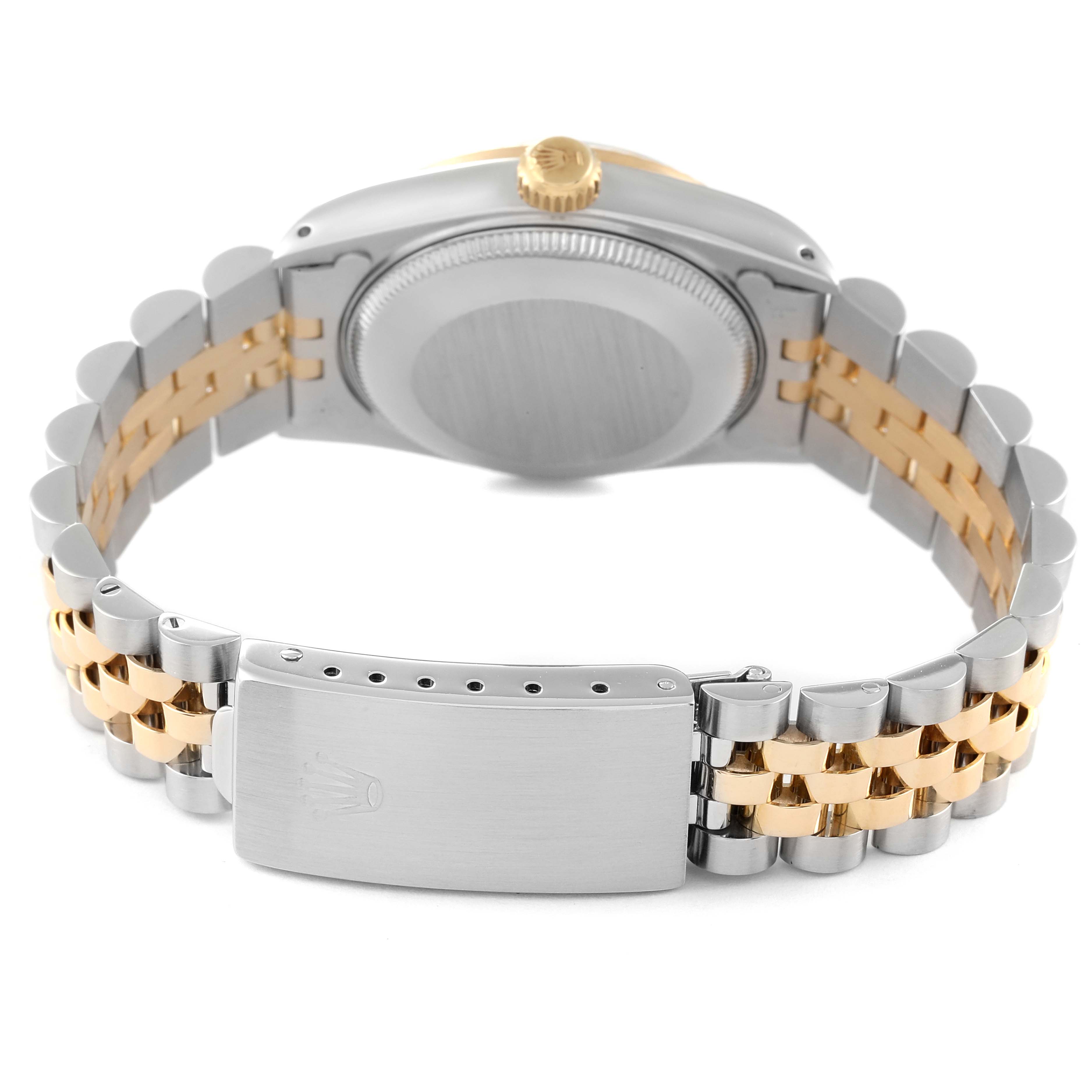 This image shows the back and bracelet of a Rolex Mid-Size 68273 Women
s Steel and Gold (two tone) Black Dial 68273 Women
s Steel and Gold (two tone) Black Dial model watch, highlighting its two-tone metal band.