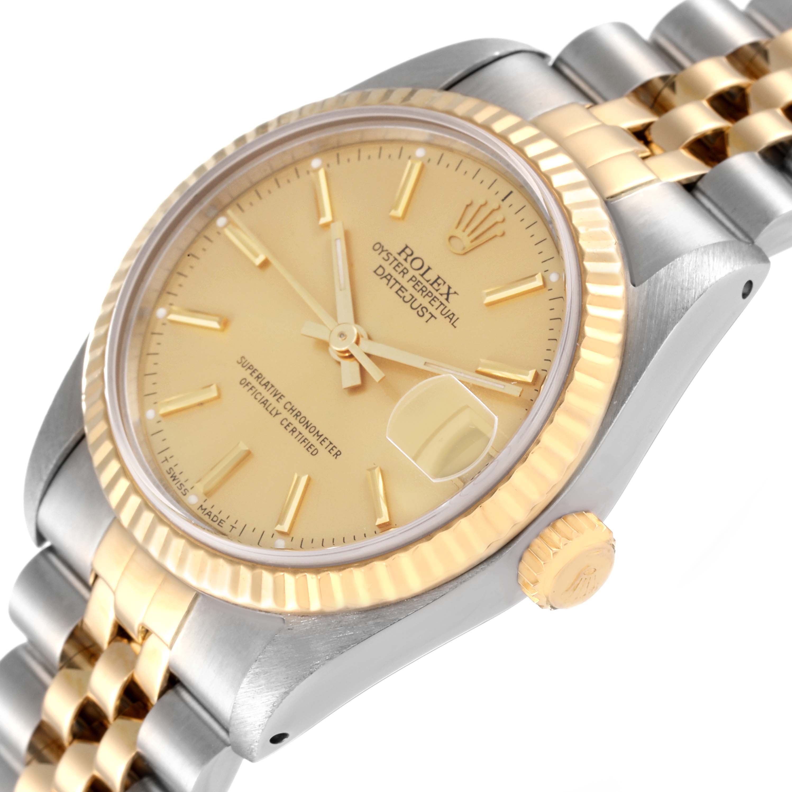 The image shows a close-up angled view of a Rolex Oyster Perpetual Datejust Mid-Size watch, highlighting the dial, bezel, and crown.
