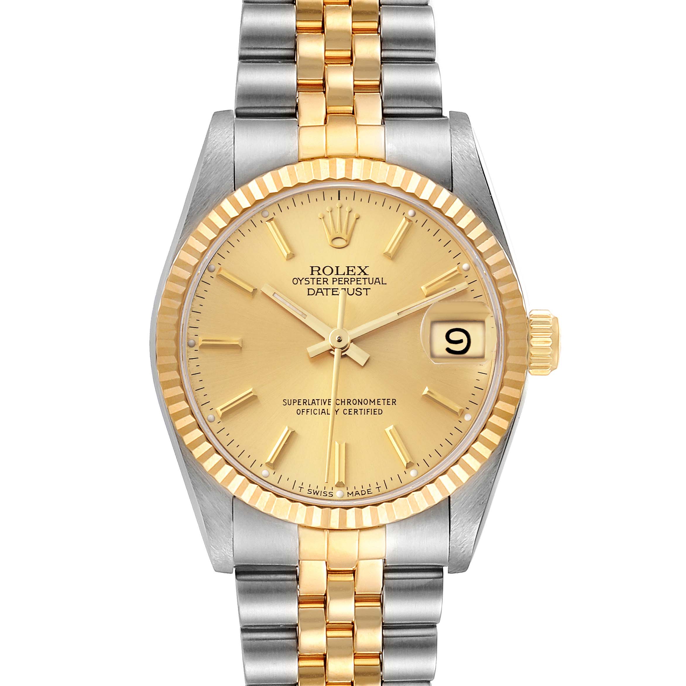 The image shows a front view of a Mid-Size Rolex Oyster Perpetual Datejust watch with a two-tone bracelet and gold dial.