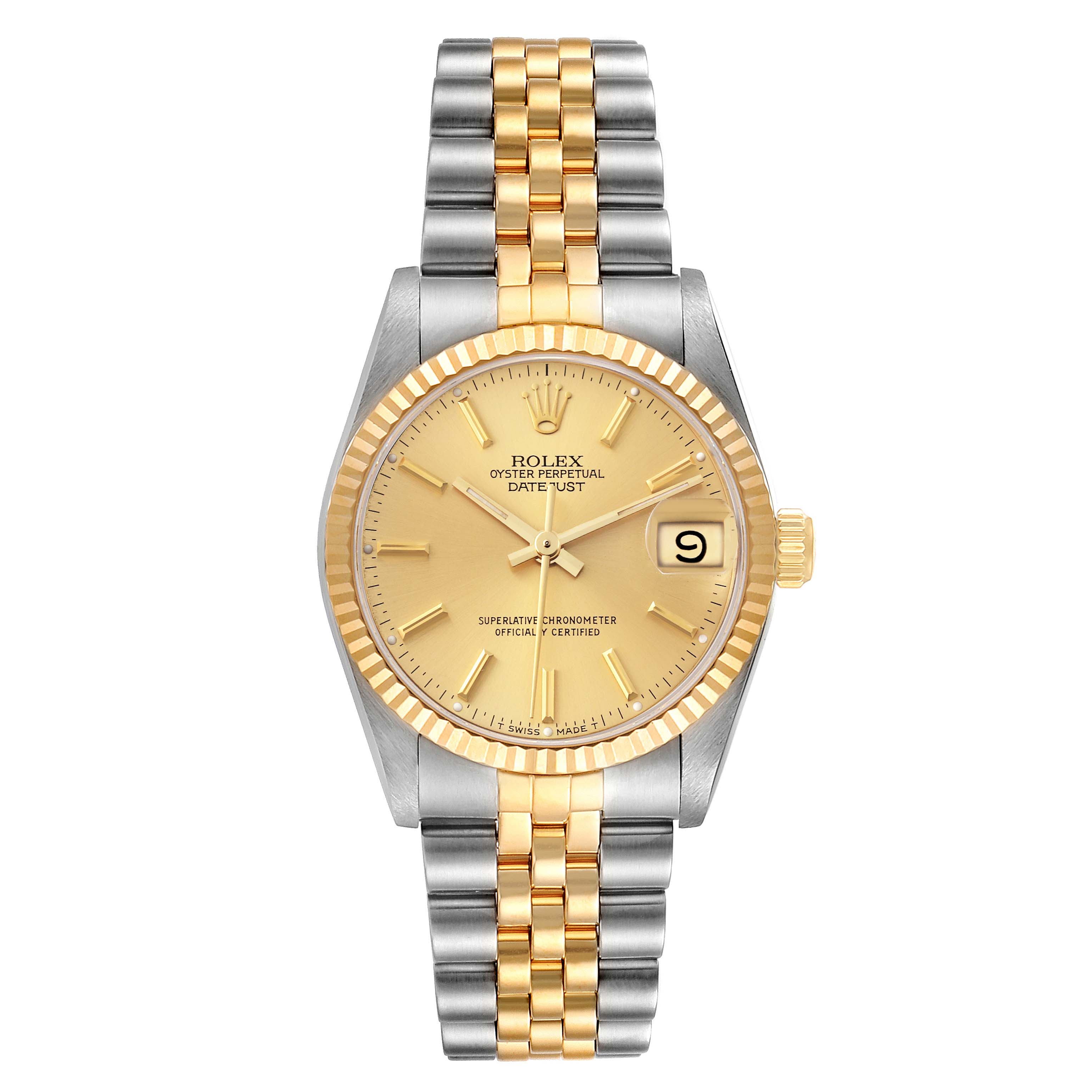 The Rolex Mid-Size 68273 Women
s Steel and Gold (two tone) Champagne Dial 68273 Women
s Steel and Gold (two tone) Champagne Dial Datejust watch is shown from a front view, displaying the face, bracelet, and clasp.