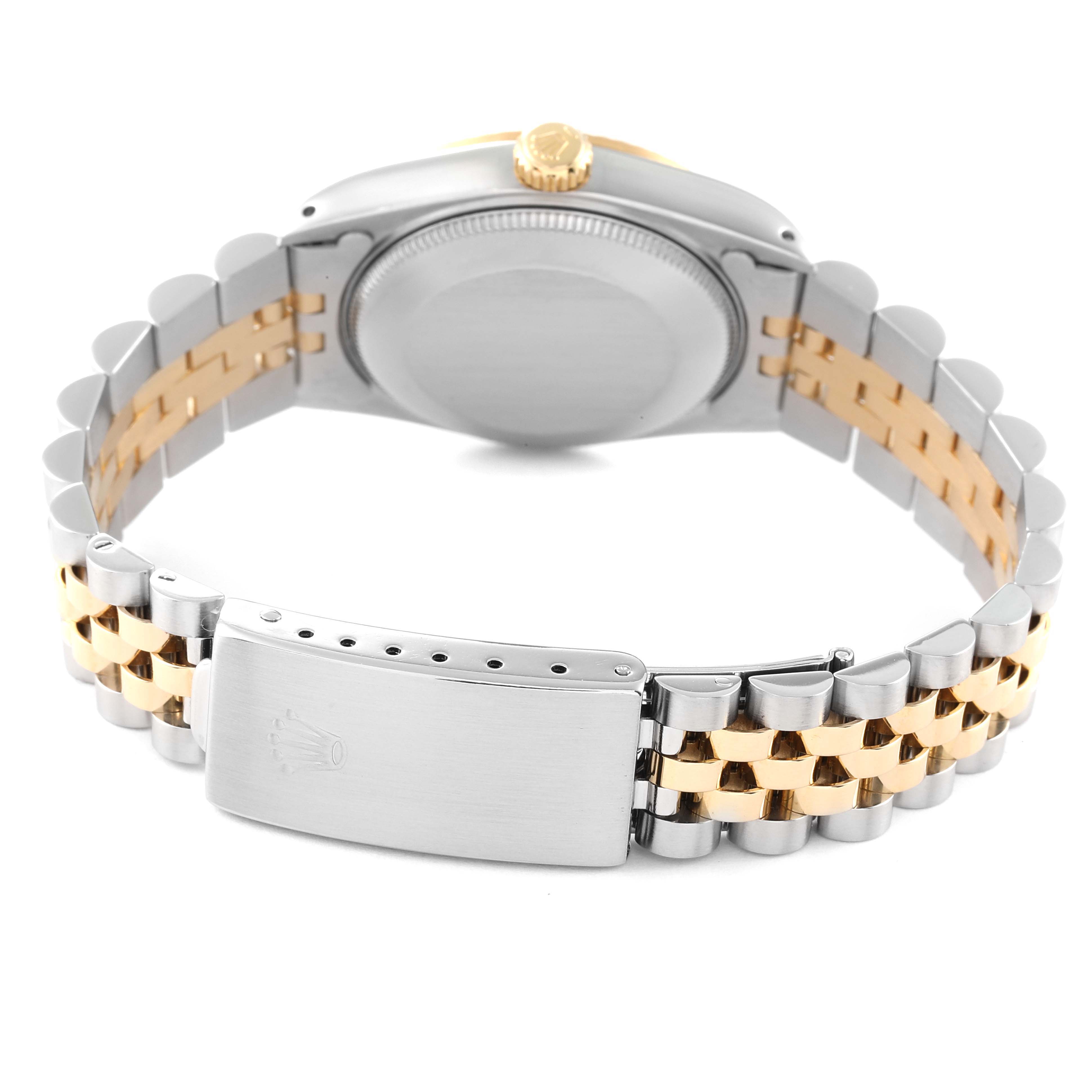 The image shows the back of a Mid-Size Rolex watch, highlighting the two-tone bracelet and clasp.