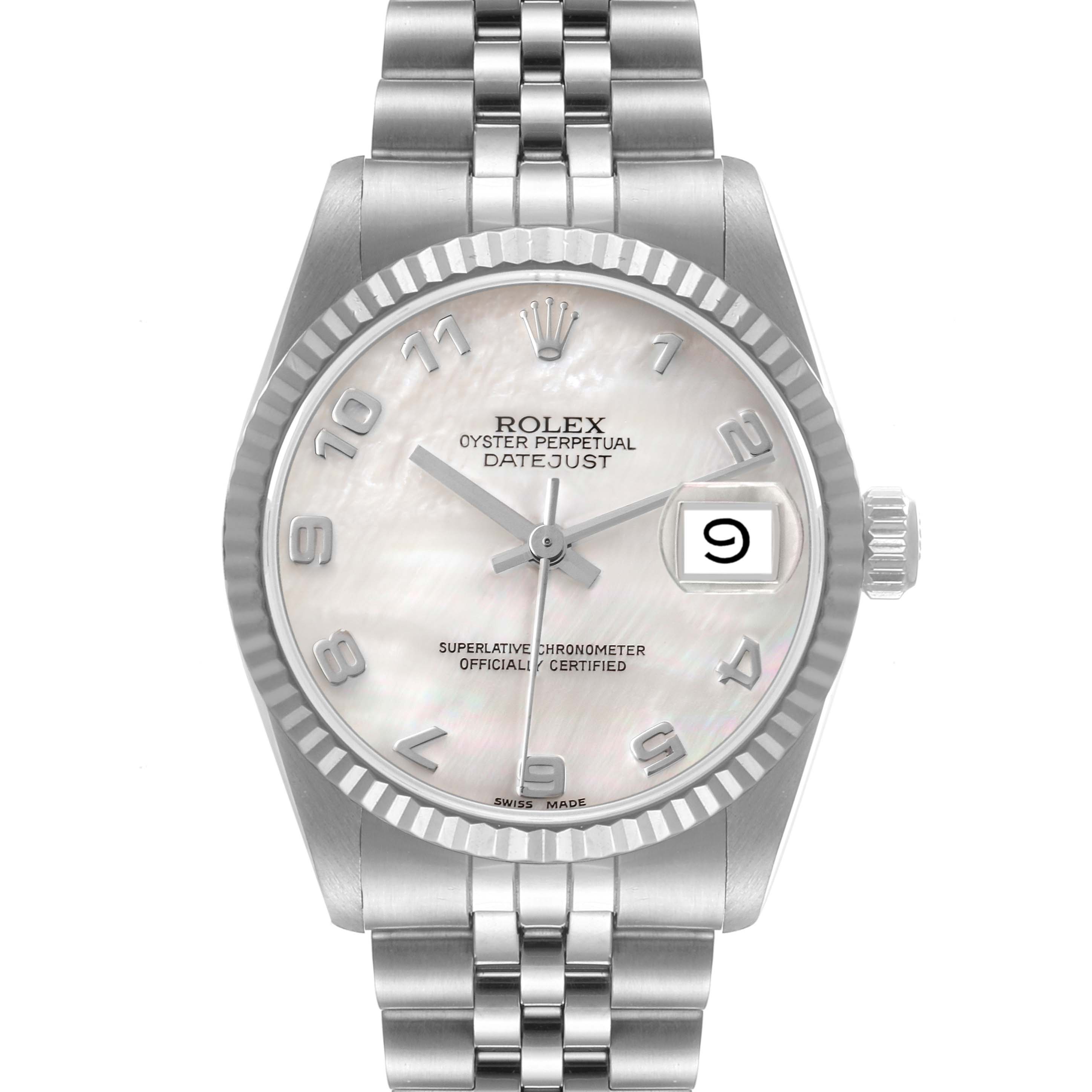 The image shows a front view of a Rolex Datejust Mid-Size watch, featuring the face, bezel, and part of the bracelet.
