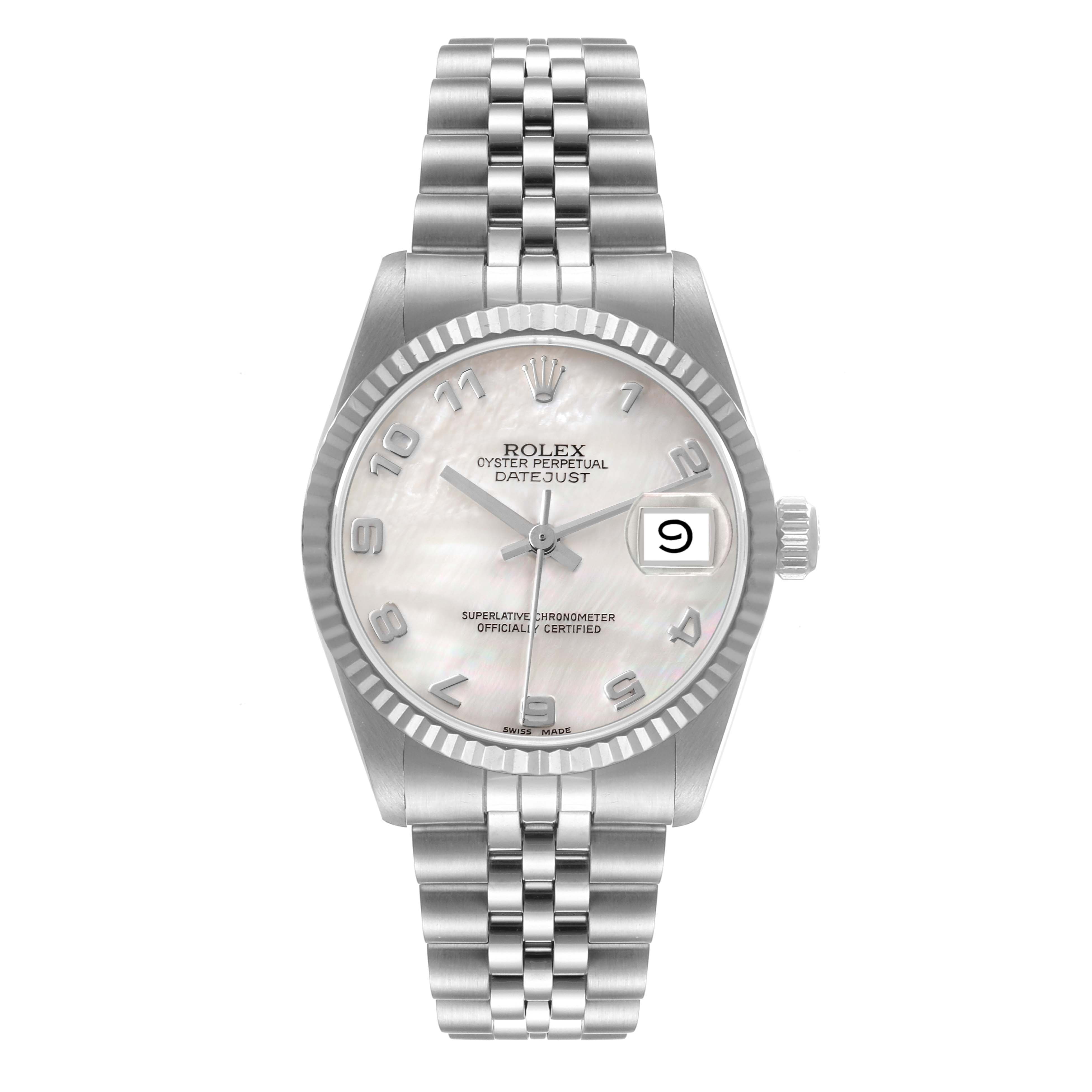 This Rolex Mid-Size 68274 Women's Stainless Steel Mother of Pearl Dial 68274 Women's Stainless Steel Mother of Pearl Dial Datejust watch is shown from a top view, displaying its dial, bezel, bracelet, and date window.