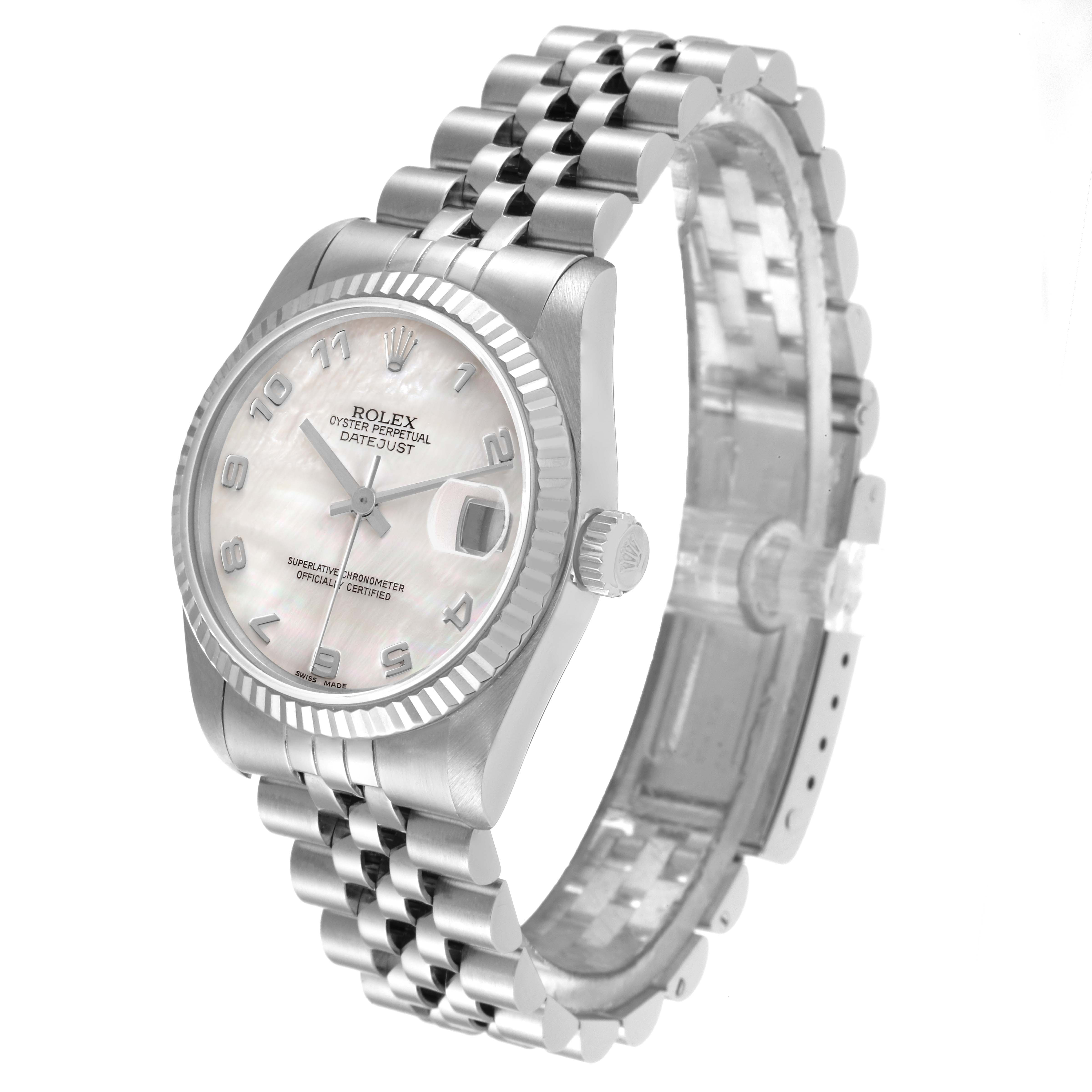 This image shows a side view of a Mid-Size Rolex Oyster Perpetual Datejust watch, including its fluted bezel, bracelet, and crown.