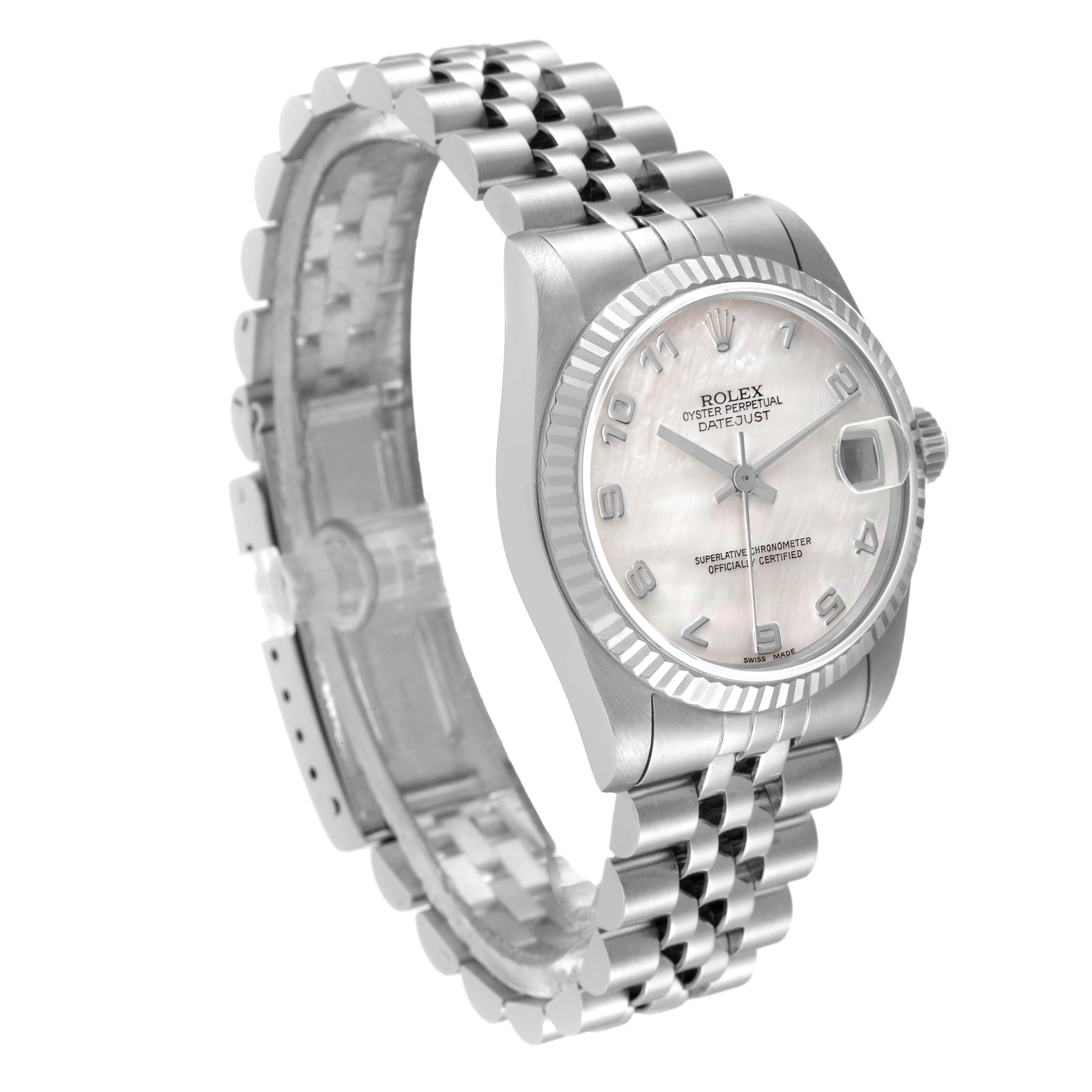 This Rolex Mid-Size 68274 Women's Stainless Steel Mother of Pearl Dial 68274 Women's Stainless Steel Mother of Pearl Dial Datejust is shown at a three-quarter angle, highlighting the dial, bezel, and bracelet.