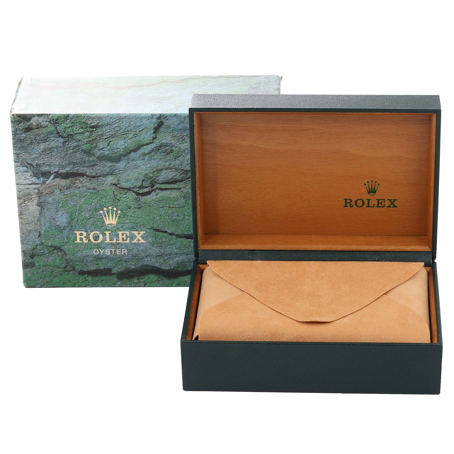 The image shows an opened Rolex watch box and an outer packaging, designed for a Rolex Mid-Size 68274 Women's Stainless Steel Mother of Pearl Dial 68274 Women's Stainless Steel Mother of Pearl Dial model.