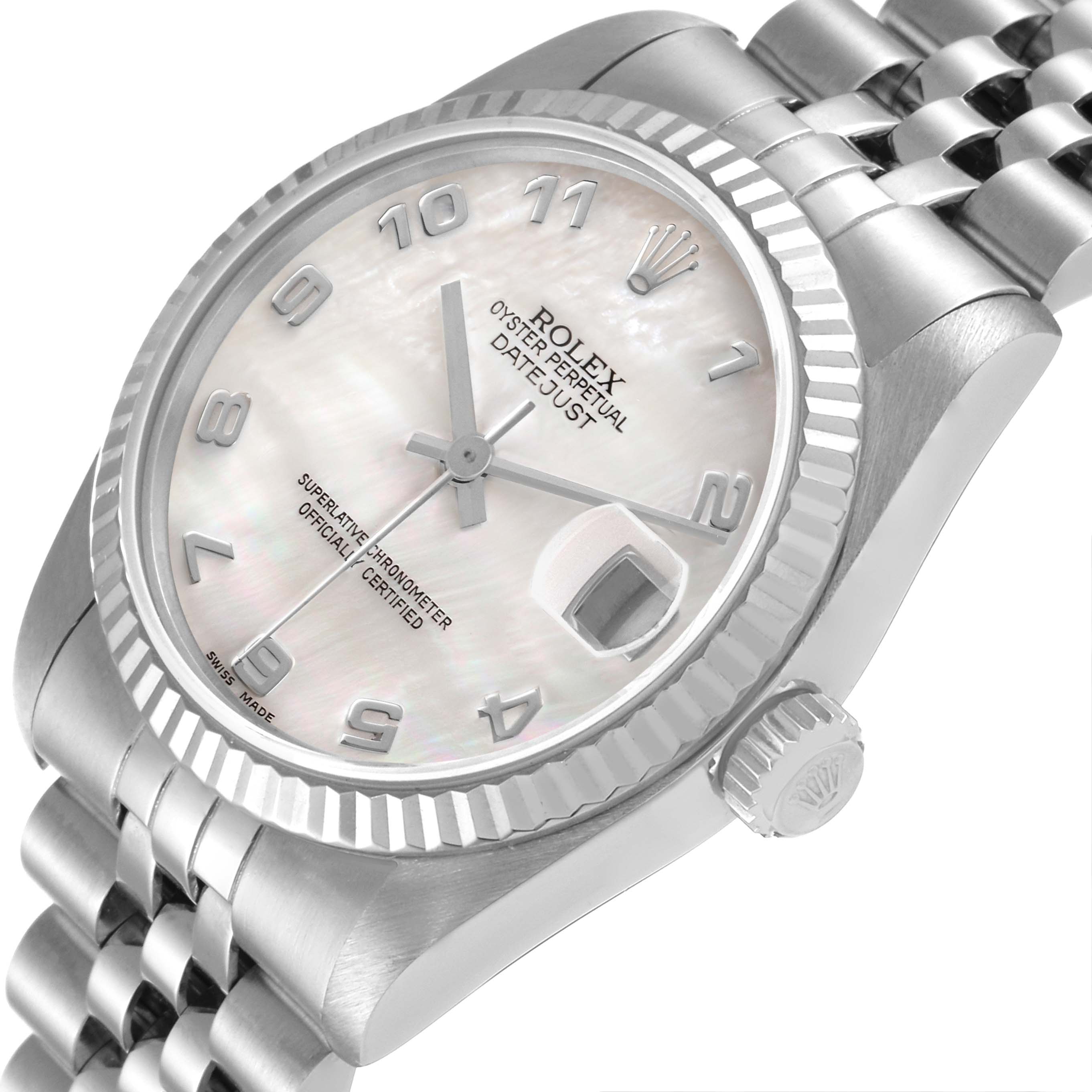 The image shows a front angled view of a Rolex Mid-Size 68274 Women's Stainless Steel Mother of Pearl Dial 68274 Women's Stainless Steel Mother of Pearl Dial Oyster Perpetual Datejust watch.