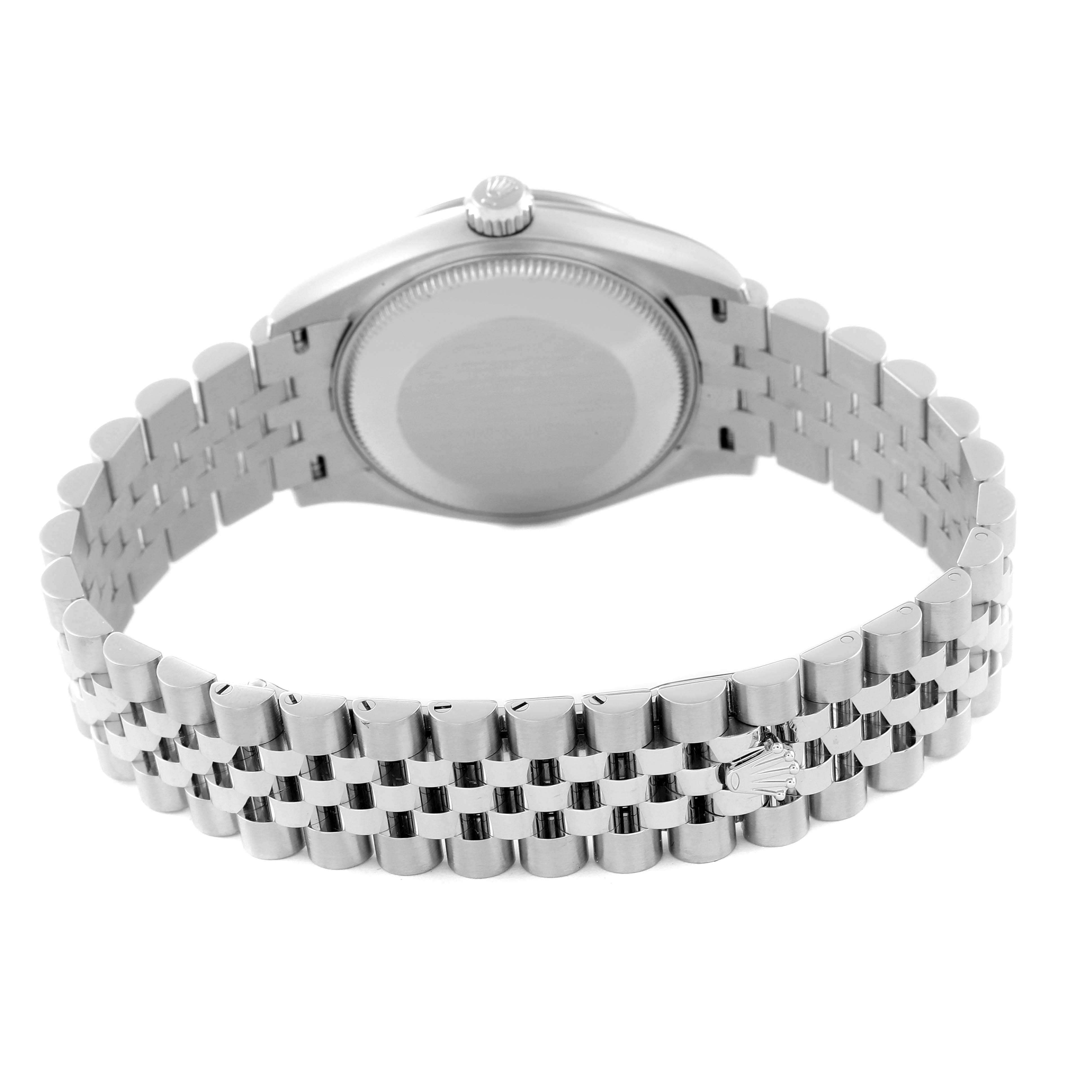 The Rolex Mid-Size 278274 Women's Stainless Steel Mother of Pearl Dial watch is shown from the back, highlighting the case back and bracelet.