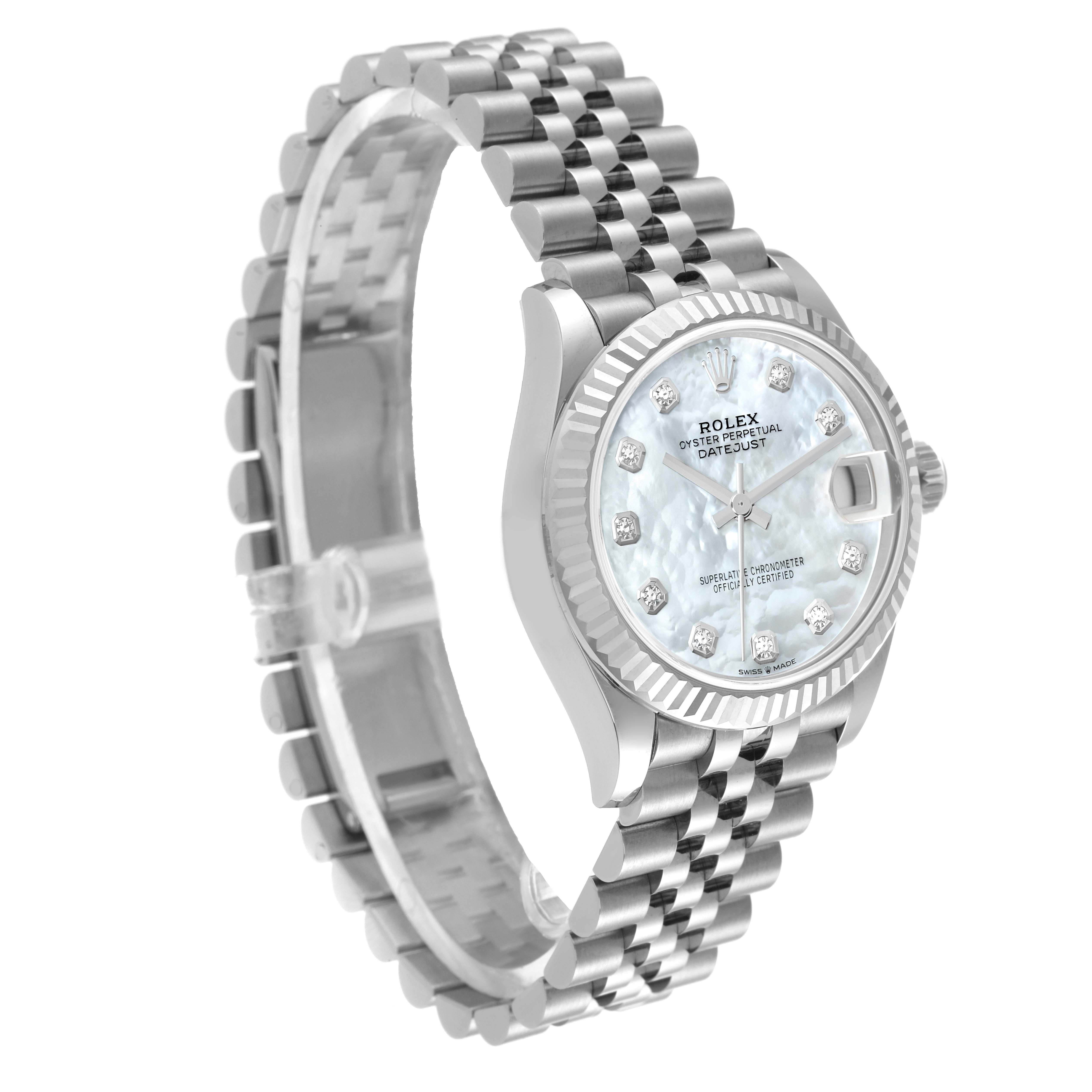 The Rolex Mid-Size 278274 Women's Stainless Steel Mother of Pearl Dial model is shown at a three-quarter angle, highlighting the face, bezel, and bracelet.