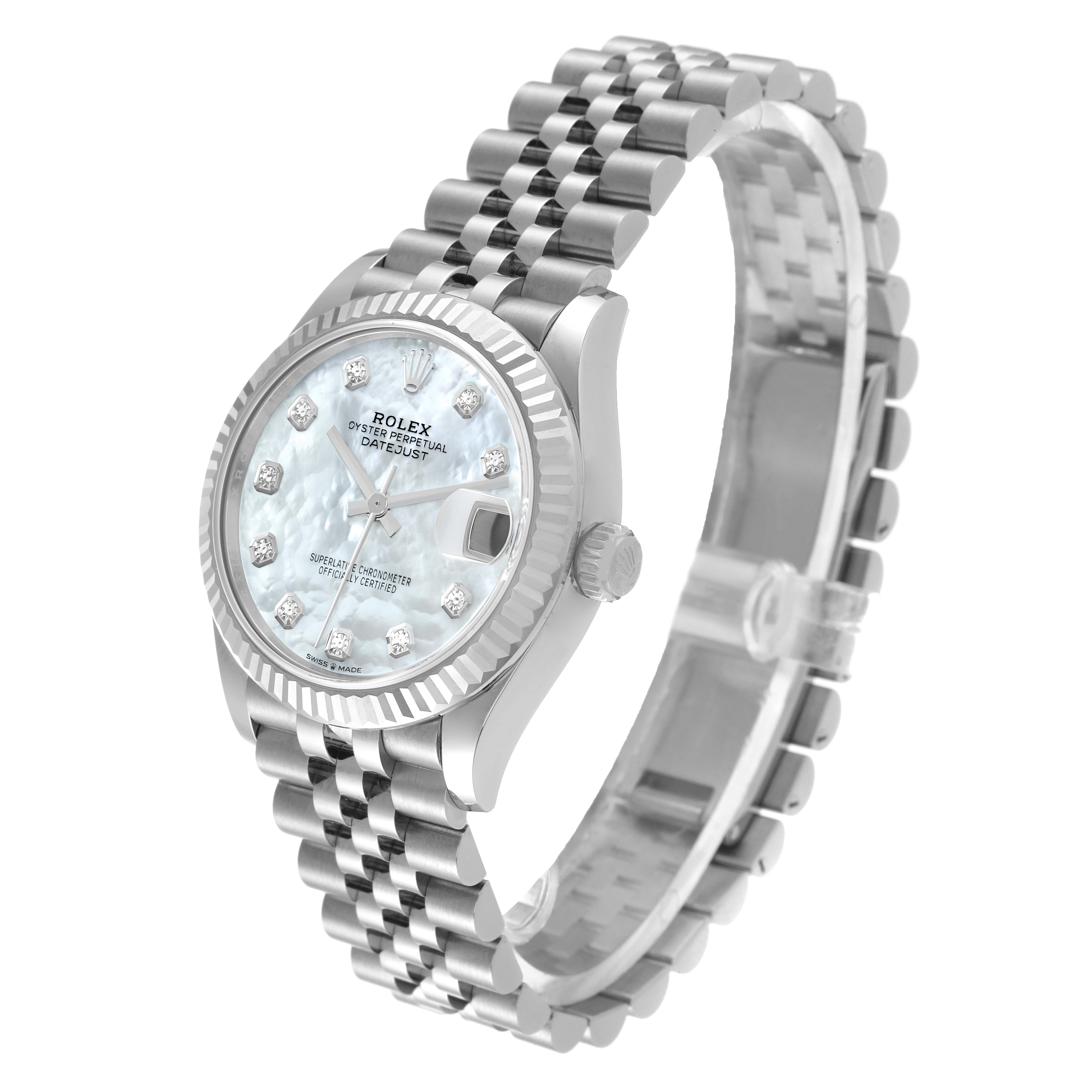 The Rolex Mid-Size 278274 Women's Stainless Steel Mother of Pearl Dial watch is shown at a 3/4 angle highlighting the dial, bezel, crown, and bracelet.