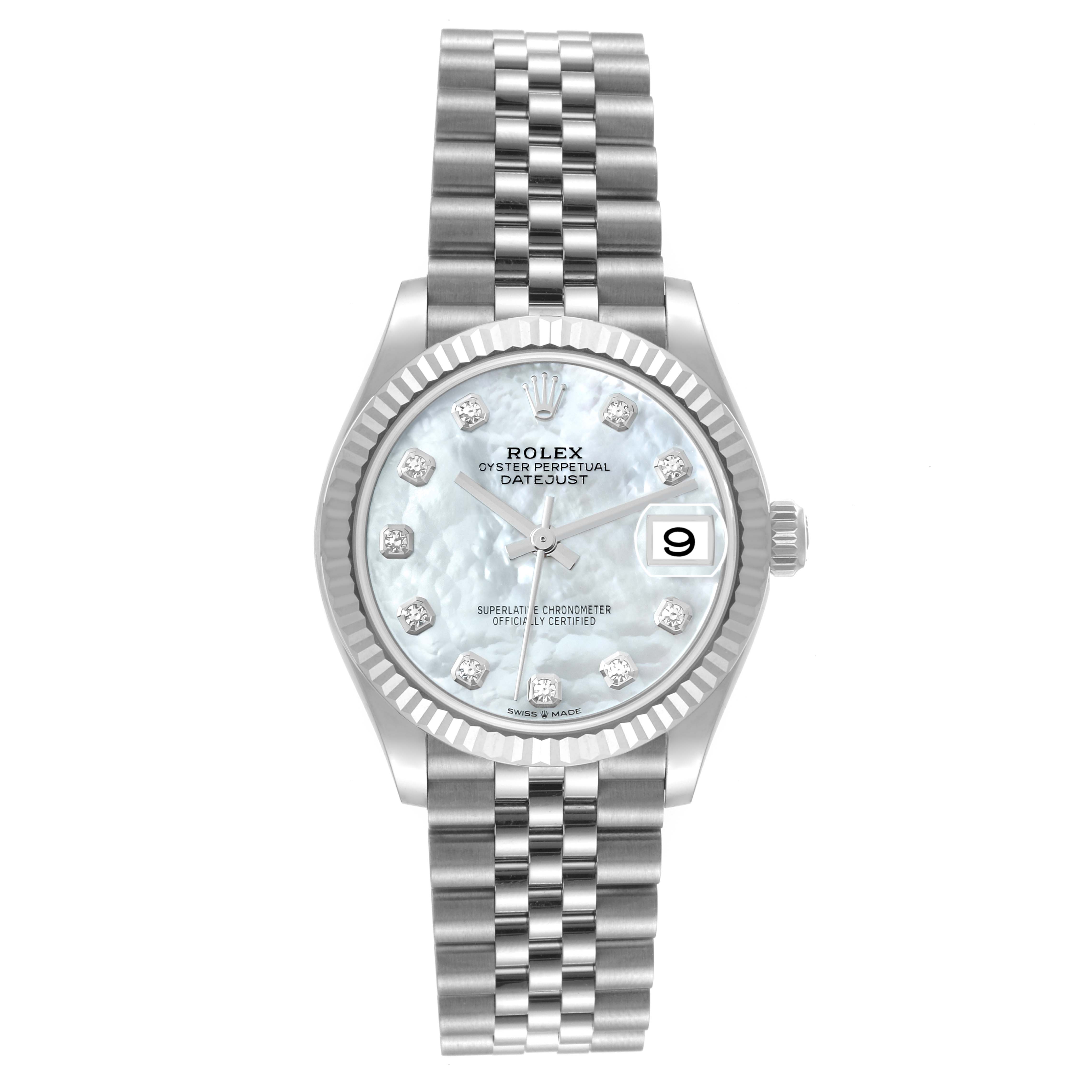 The Rolex Mid-Size 278274 Women's Stainless Steel Mother of Pearl Dial Datejust is shown from a front angle, displaying its dial, bezel, and bracelet.