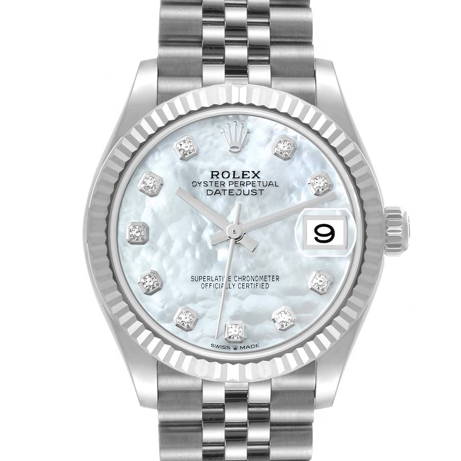 The Rolex Datejust Mid-Size watch is shown from the front, displaying its dial, bezel, crown, and bracelet.