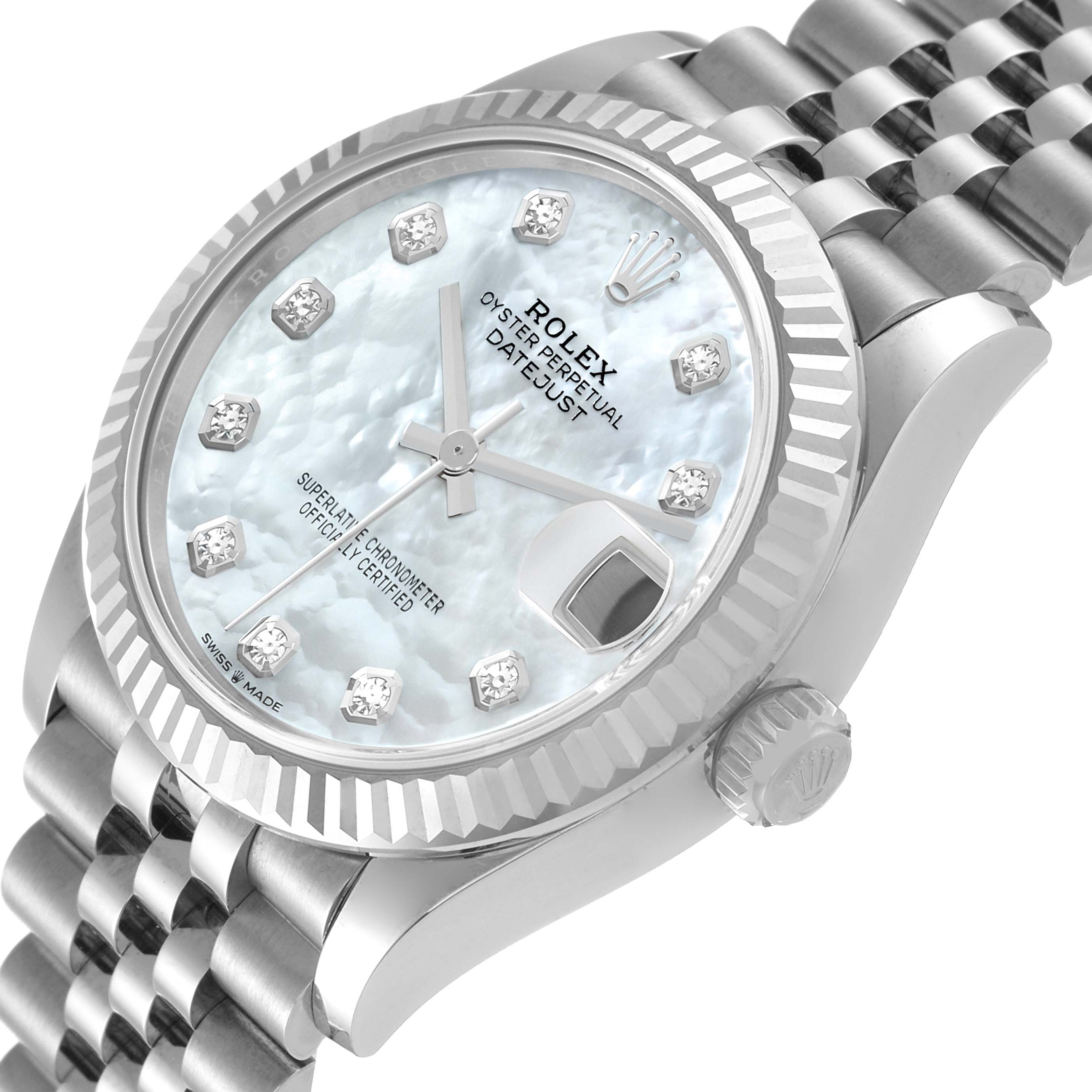 The Rolex Mid-Size 278274 Women's Stainless Steel Mother of Pearl Dial model is shown at an angle highlighting the dial, bezel, crown, and part of the bracelet.