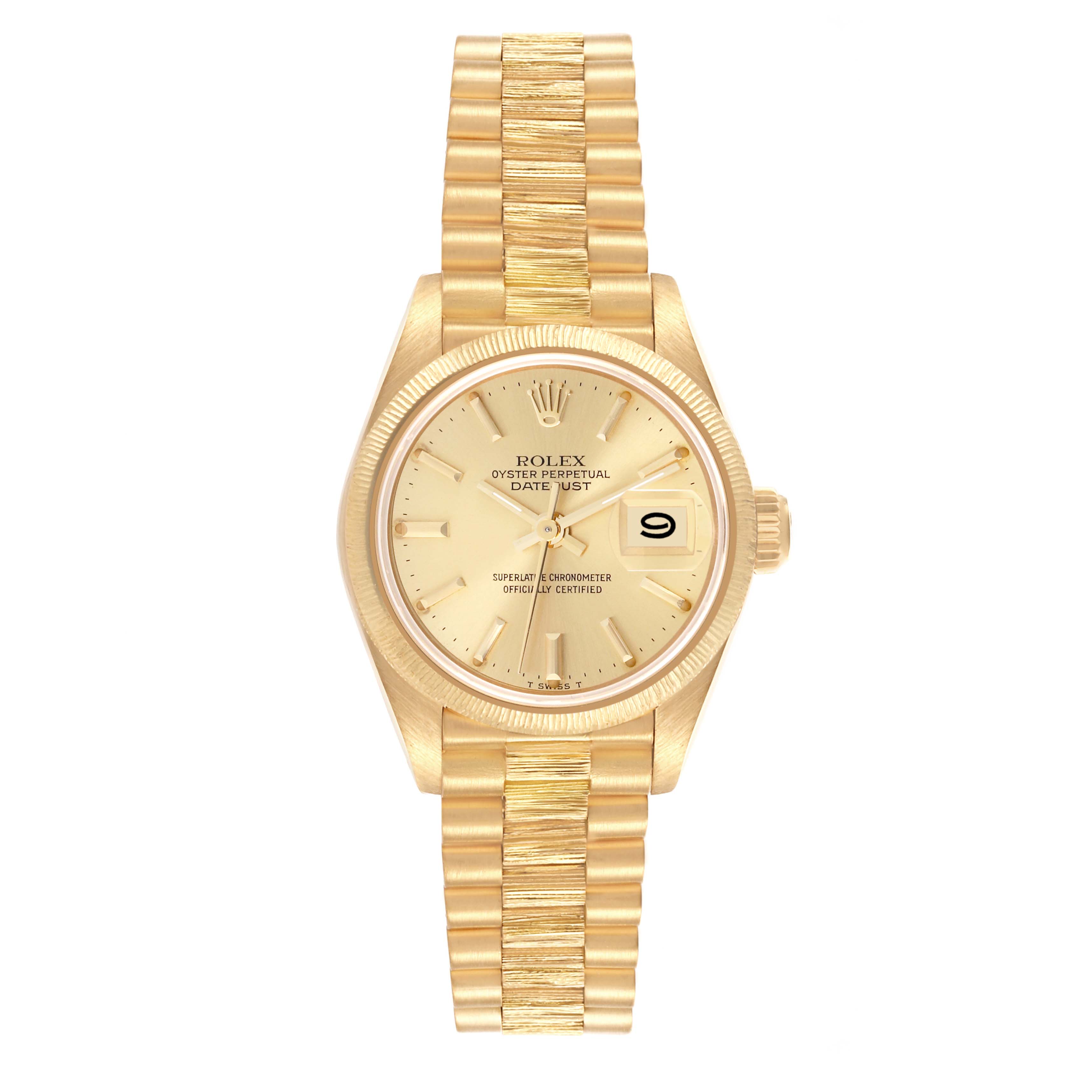 This Rolex President 69278 Women's Yellow Gold Champagne Dial 69278 Women's Yellow Gold Champagne Dial model is shown from a top-down angle, displaying the watch face, bezel, and bracelet.