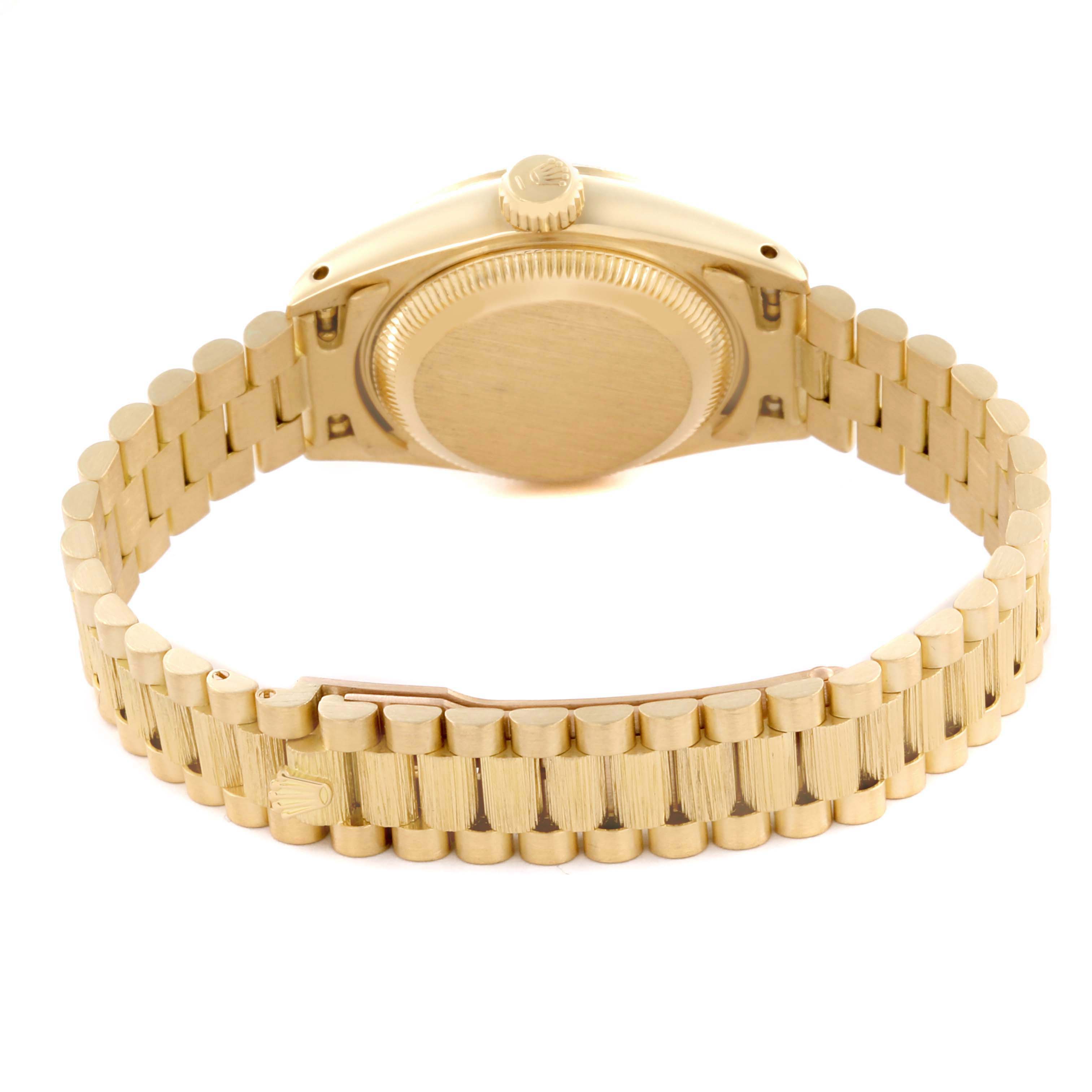 The image shows the back and bracelet of the Rolex President 69278 Women's Yellow Gold Champagne Dial 69278 Women's Yellow Gold Champagne Dial watch, highlighting the clasp and case from a rear angle.