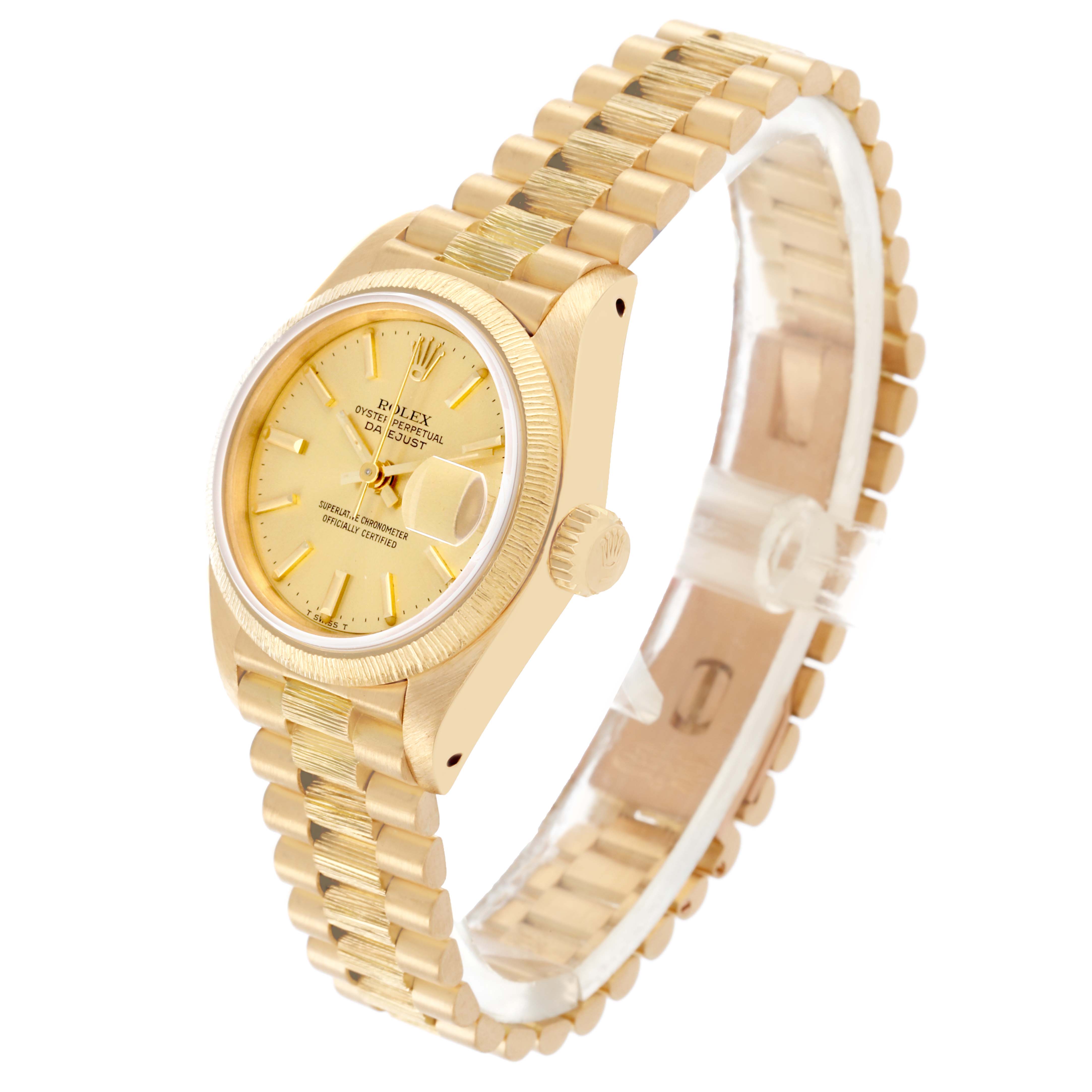 The Rolex President 69278 Women's Yellow Gold Champagne Dial 69278 Women's Yellow Gold Champagne Dial model watch is shown at a three-quarter angle, highlighting the face, crown, and the gold bracelet.