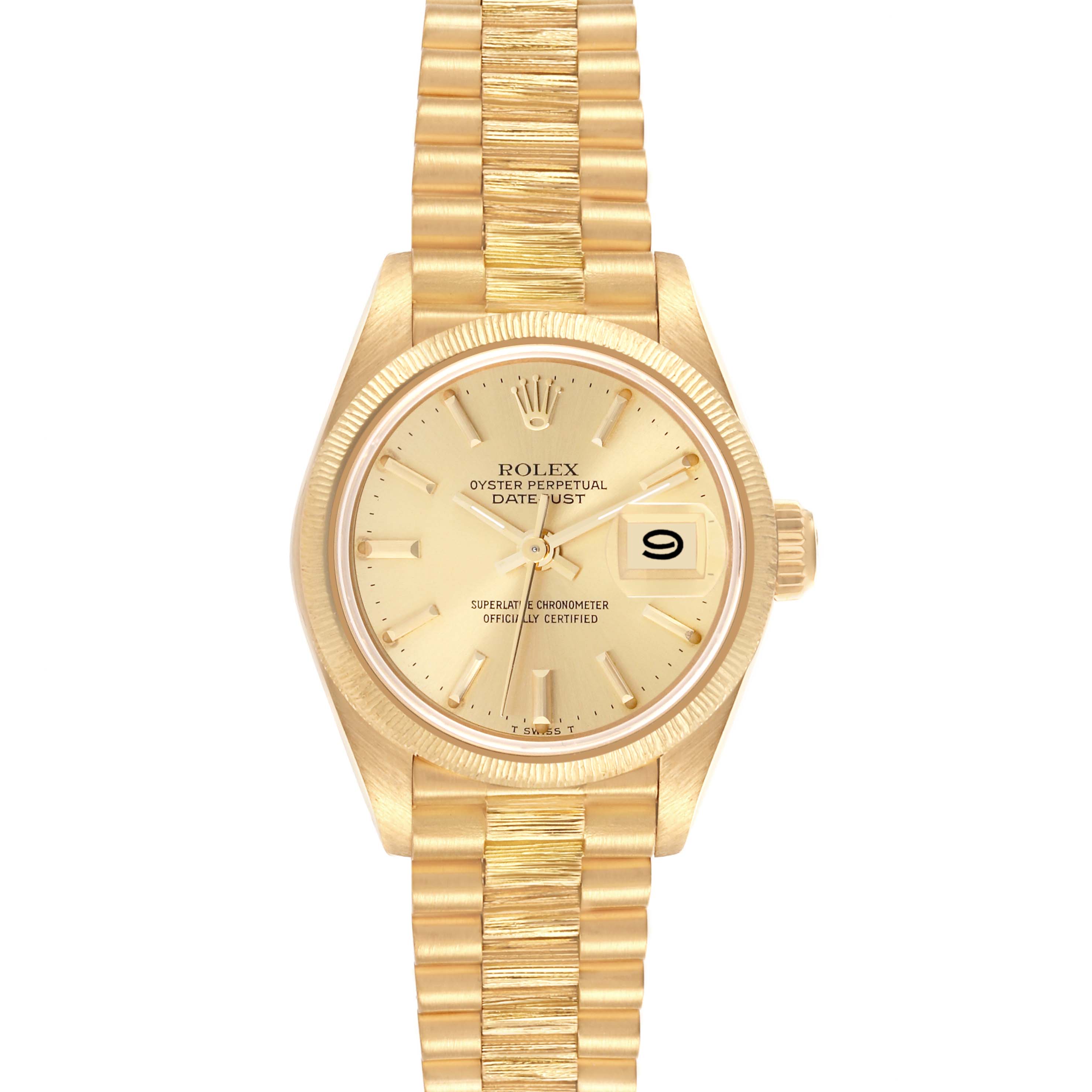 The Rolex President 69278 Women's Yellow Gold Champagne Dial 69278 Women's Yellow Gold Champagne Dial model is shown from a top-down angle, displaying the dial, bezel, and bracelet.