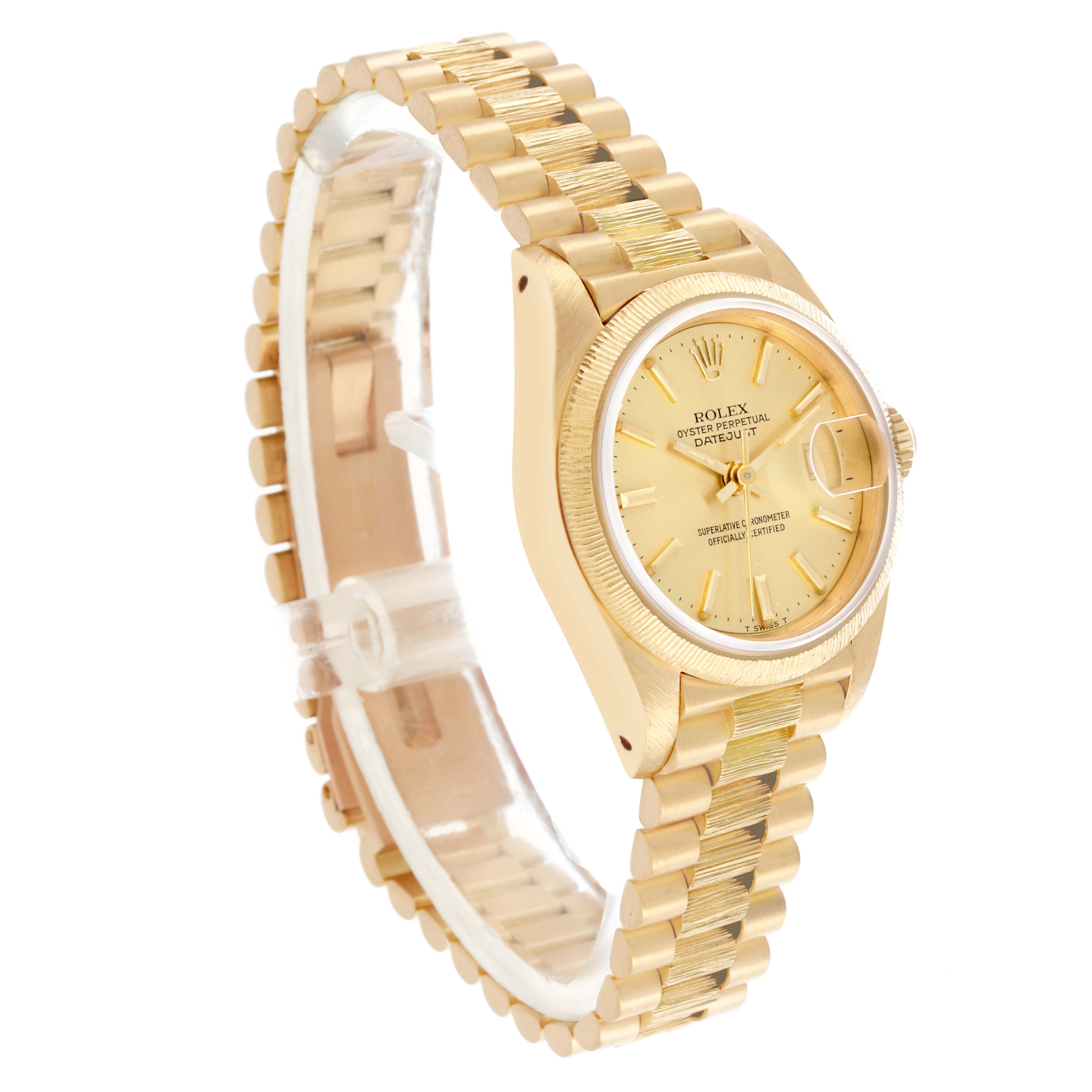 The Rolex President 69278 Women's Yellow Gold Champagne Dial 69278 Women's Yellow Gold Champagne Dial watch is shown at an angled side view, highlighting the dial, bezel, and bracelet.