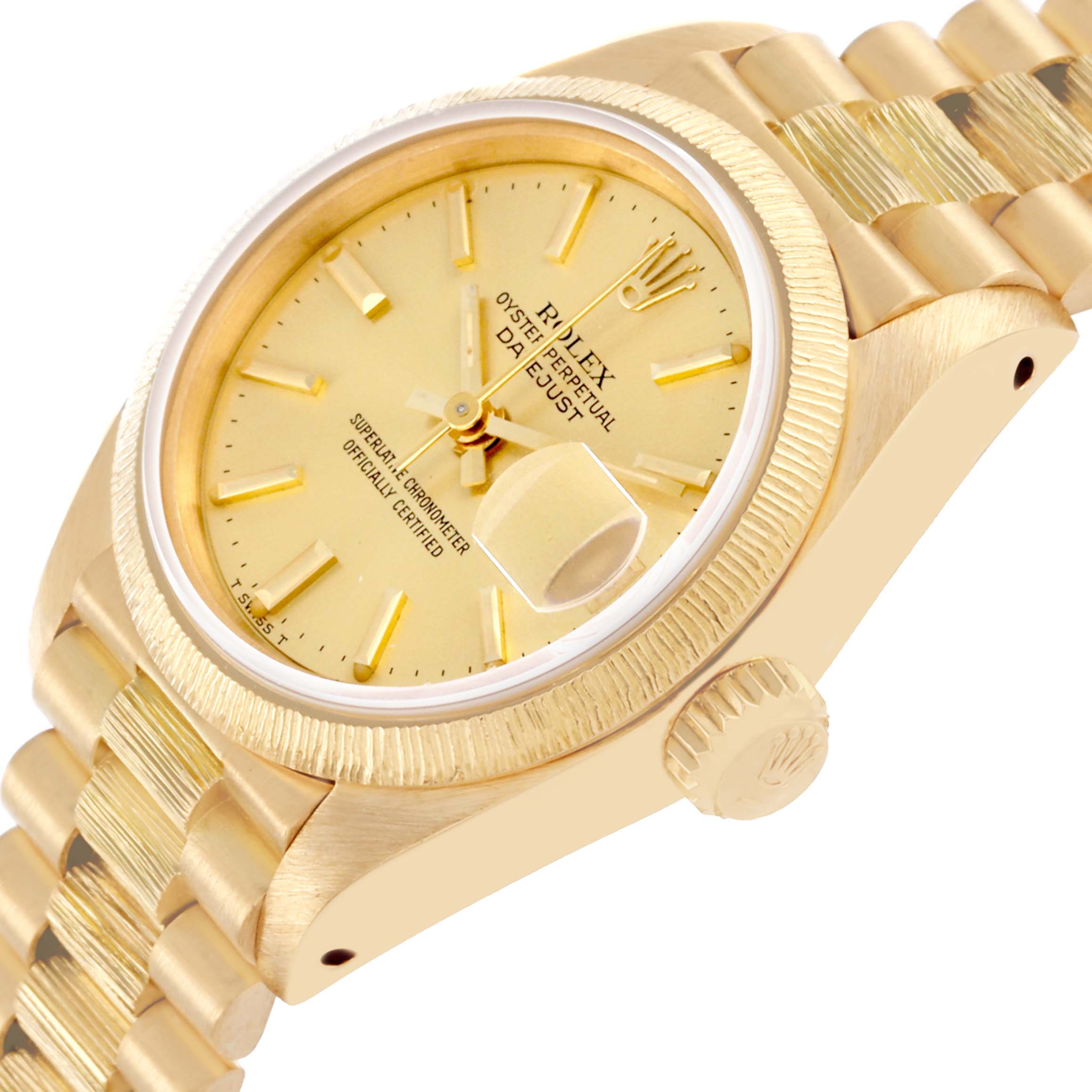The Rolex President 69278 Women's Yellow Gold Champagne Dial 69278 Women's Yellow Gold Champagne Dial model watch is shown at an angled close-up, displaying the dial, bezel, crown, and bracelet links.