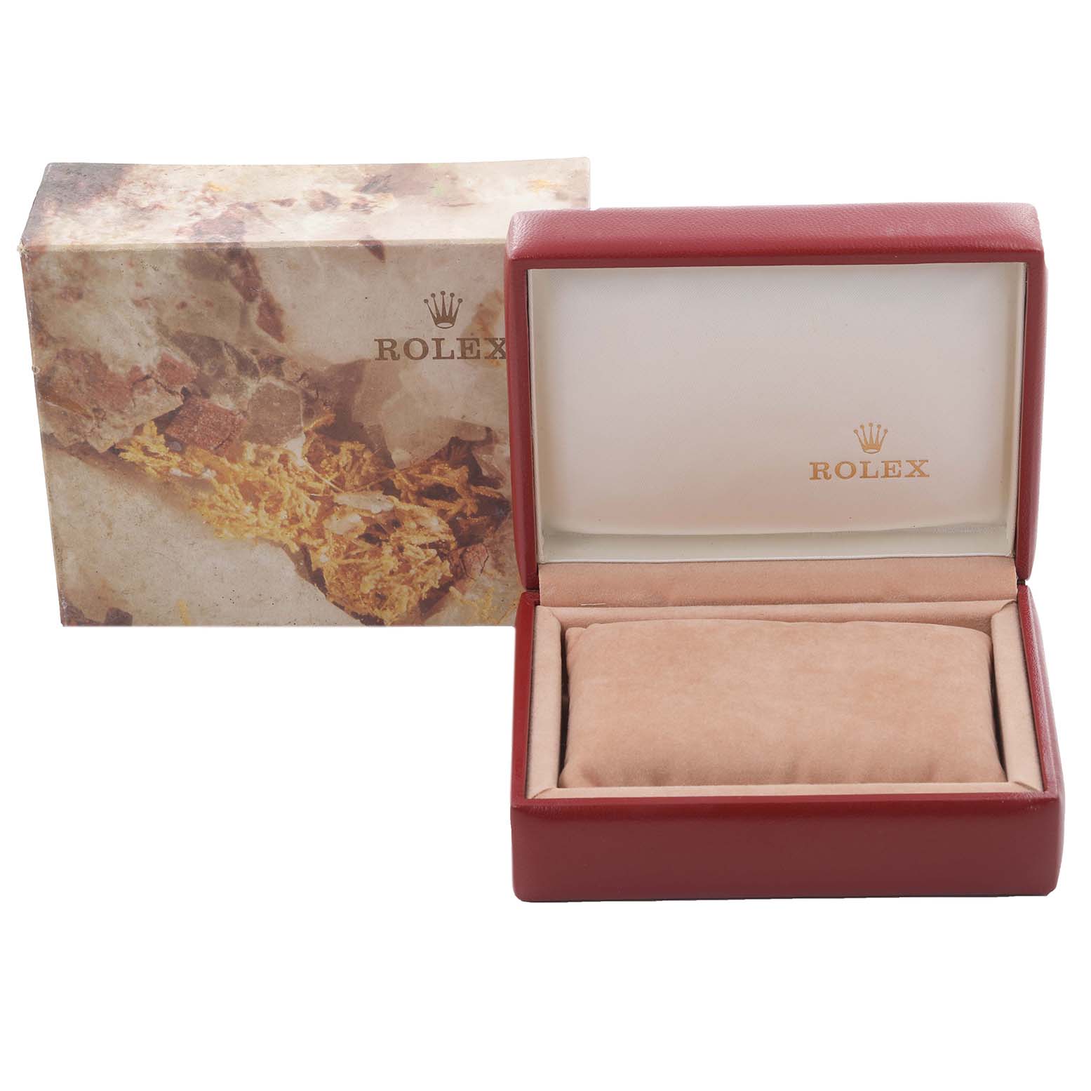 The image shows an empty Rolex President 69278 Women's Yellow Gold Champagne Dial 69278 Women's Yellow Gold Champagne Dial model watch box and outer packaging from a front angle.