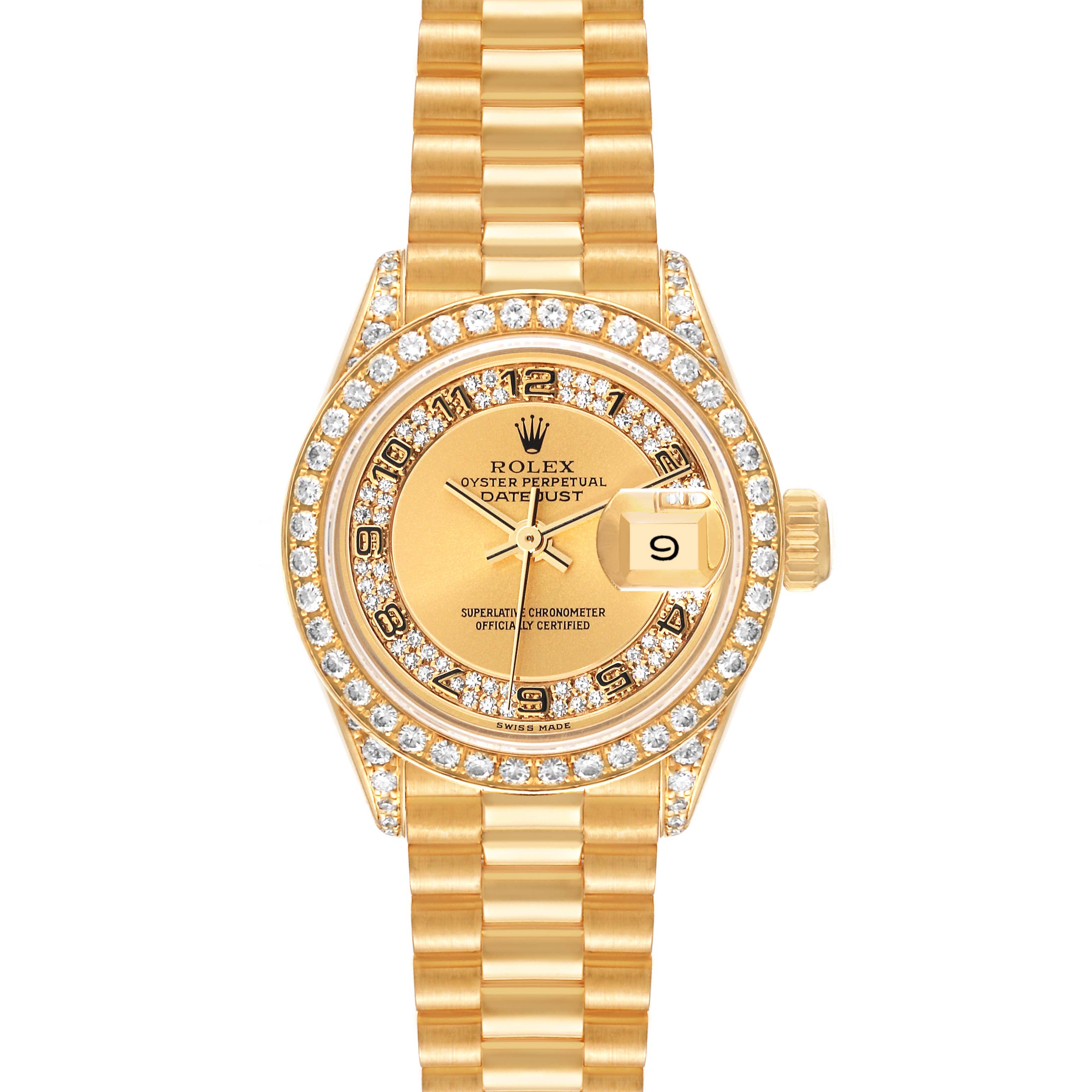 The Rolex President 69158 Women
s Yellow Gold Champagne Dial 69158 Women
s Yellow Gold Champagne Dial model is shown front-facing, featuring its gold watch face, diamond bezel, date display, and gold bracelet.