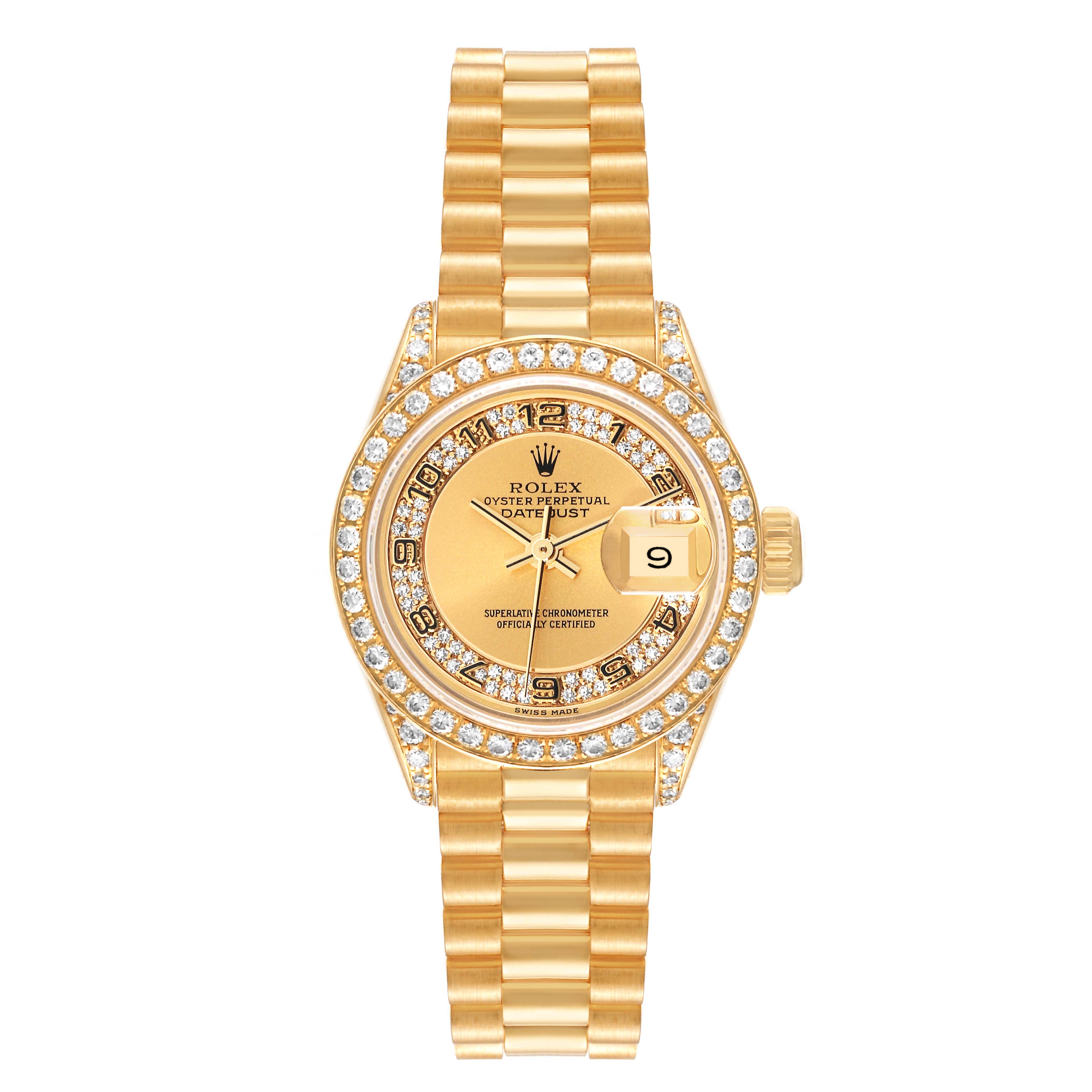 The image shows a Rolex President 69158 Women
s Yellow Gold Champagne Dial 69158 Women
s Yellow Gold Champagne Dial model watch with a gold bracelet, diamond bezel, and date window at 3 o
clock.