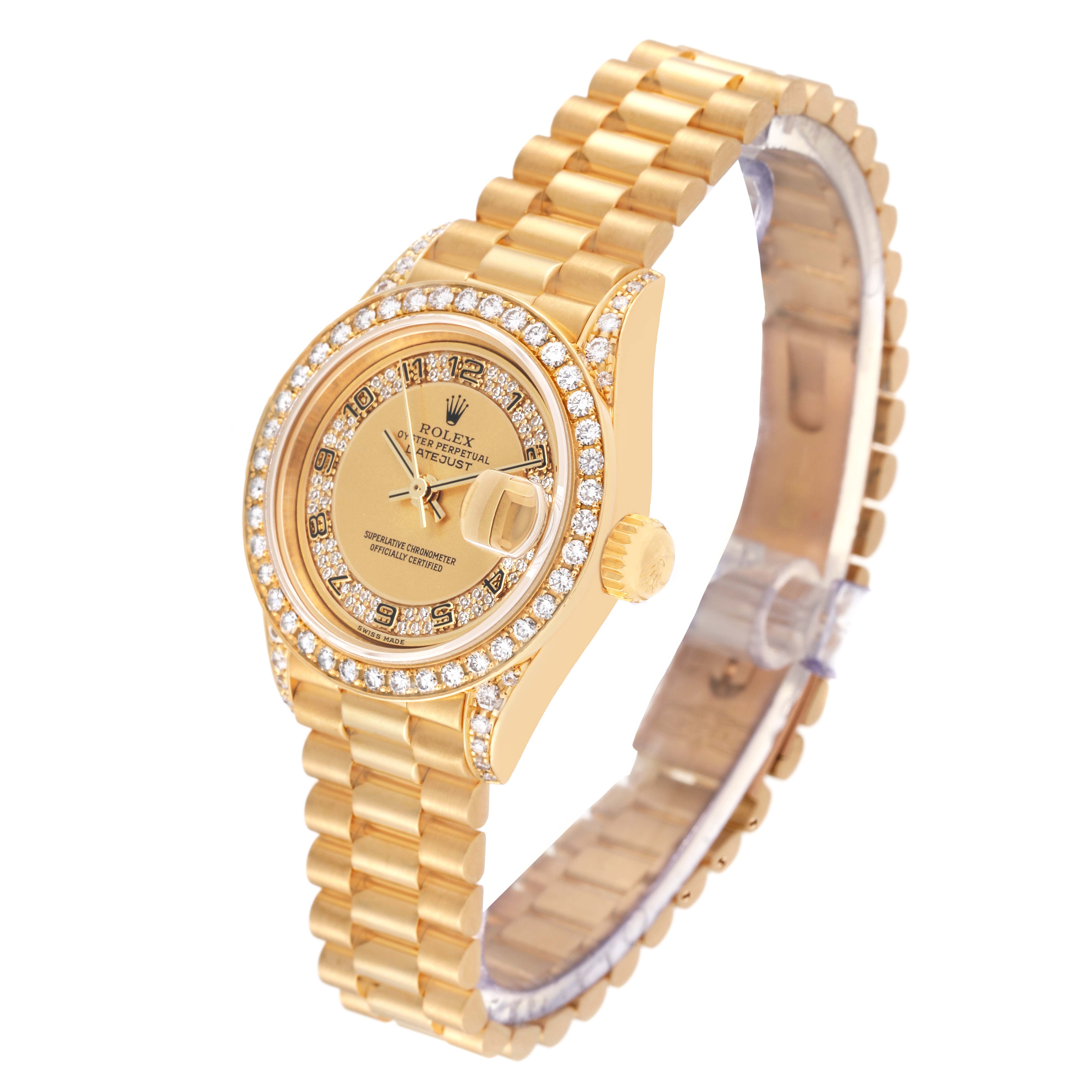 The image shows a Rolex President 69158 Women
s Yellow Gold Champagne Dial 69158 Women
s Yellow Gold Champagne Dial model watch angled to display the gold bezel, face, and bracelet.