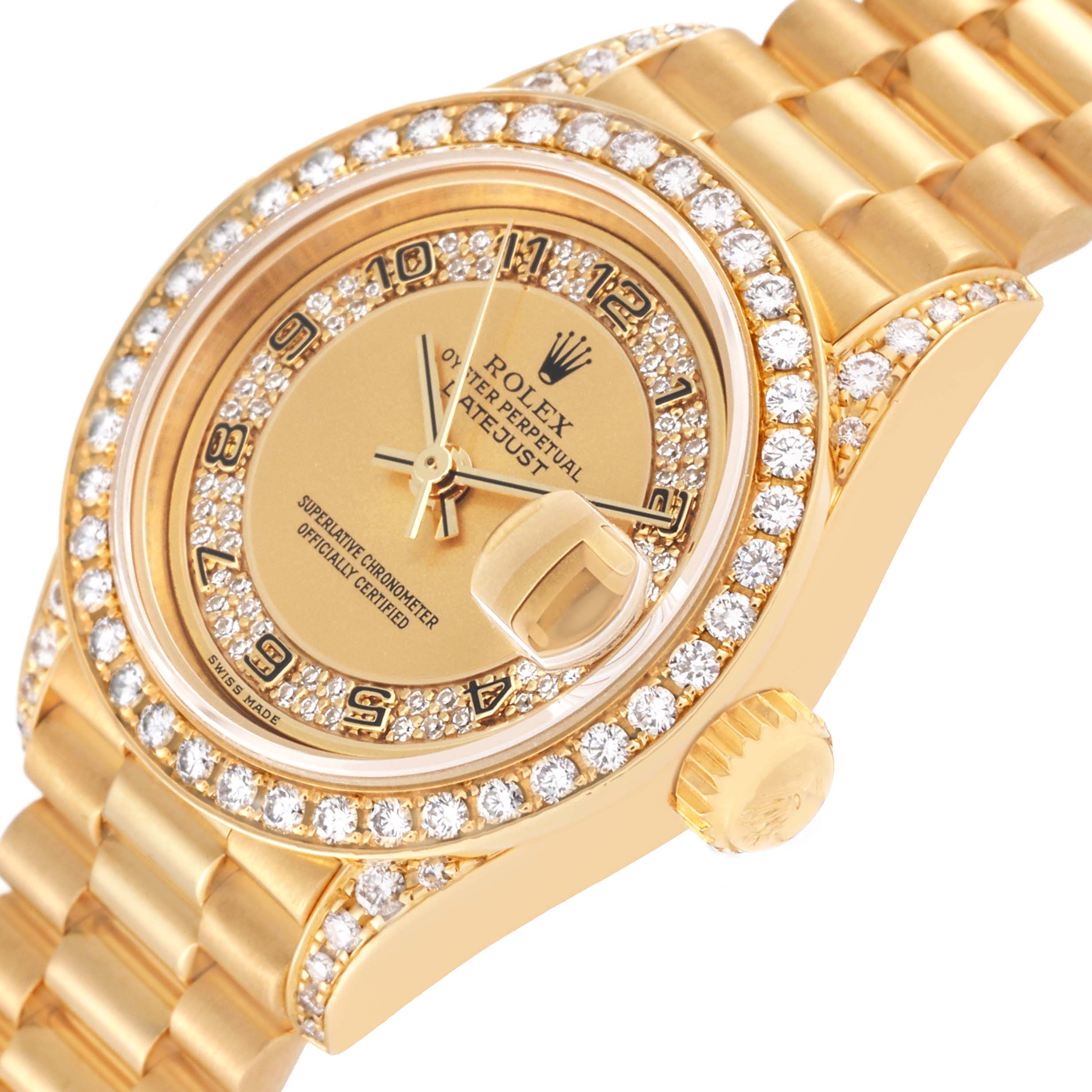 The image shows a Rolex President 69158 Women
s Yellow Gold Champagne Dial 69158 Women
s Yellow Gold Champagne Dial watch at an angle highlighting its gold and diamond-studded bezel, dial, and bracelet.