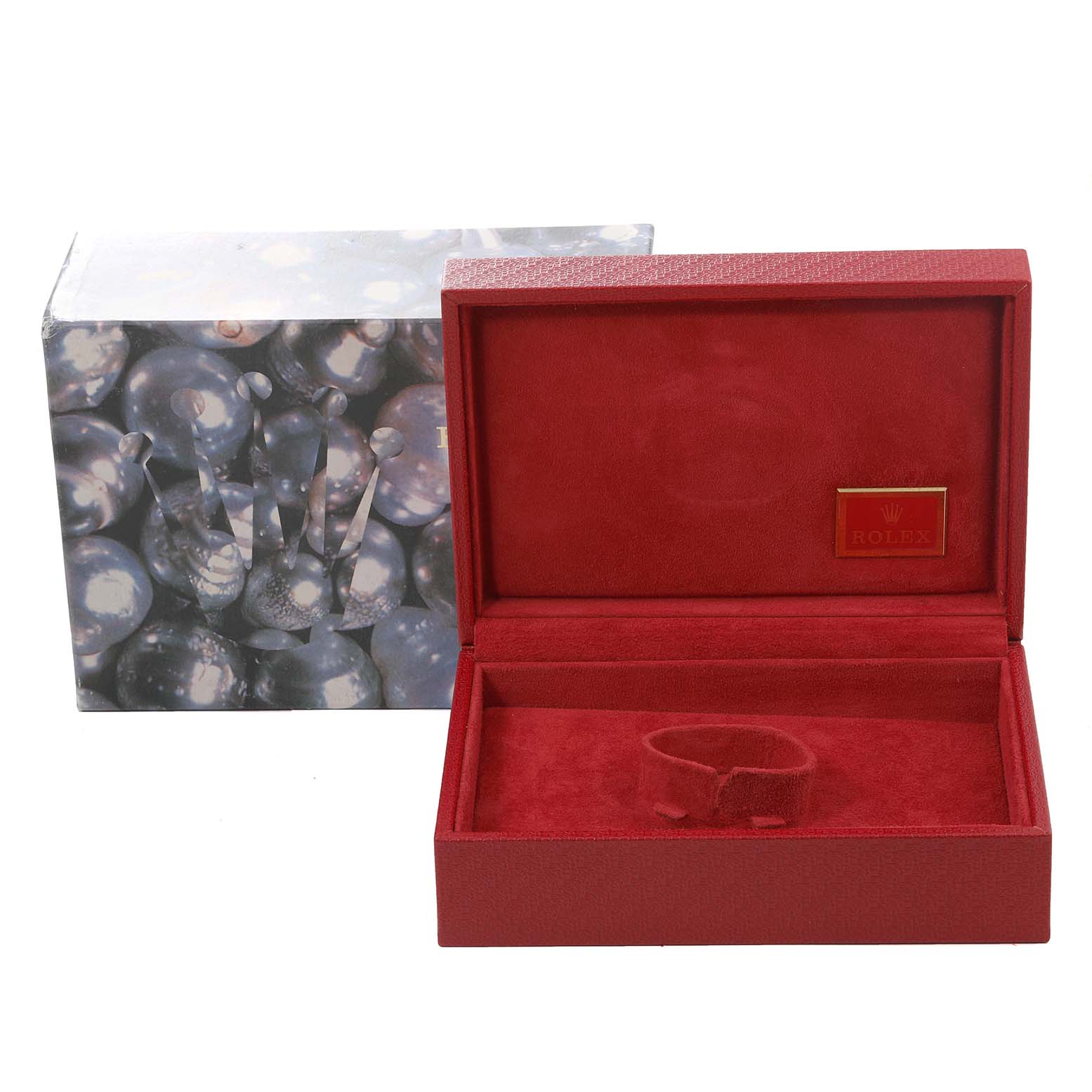 This image shows an open red Rolex watch box with a crown logo on the inside for the President model, alongside an outer box.