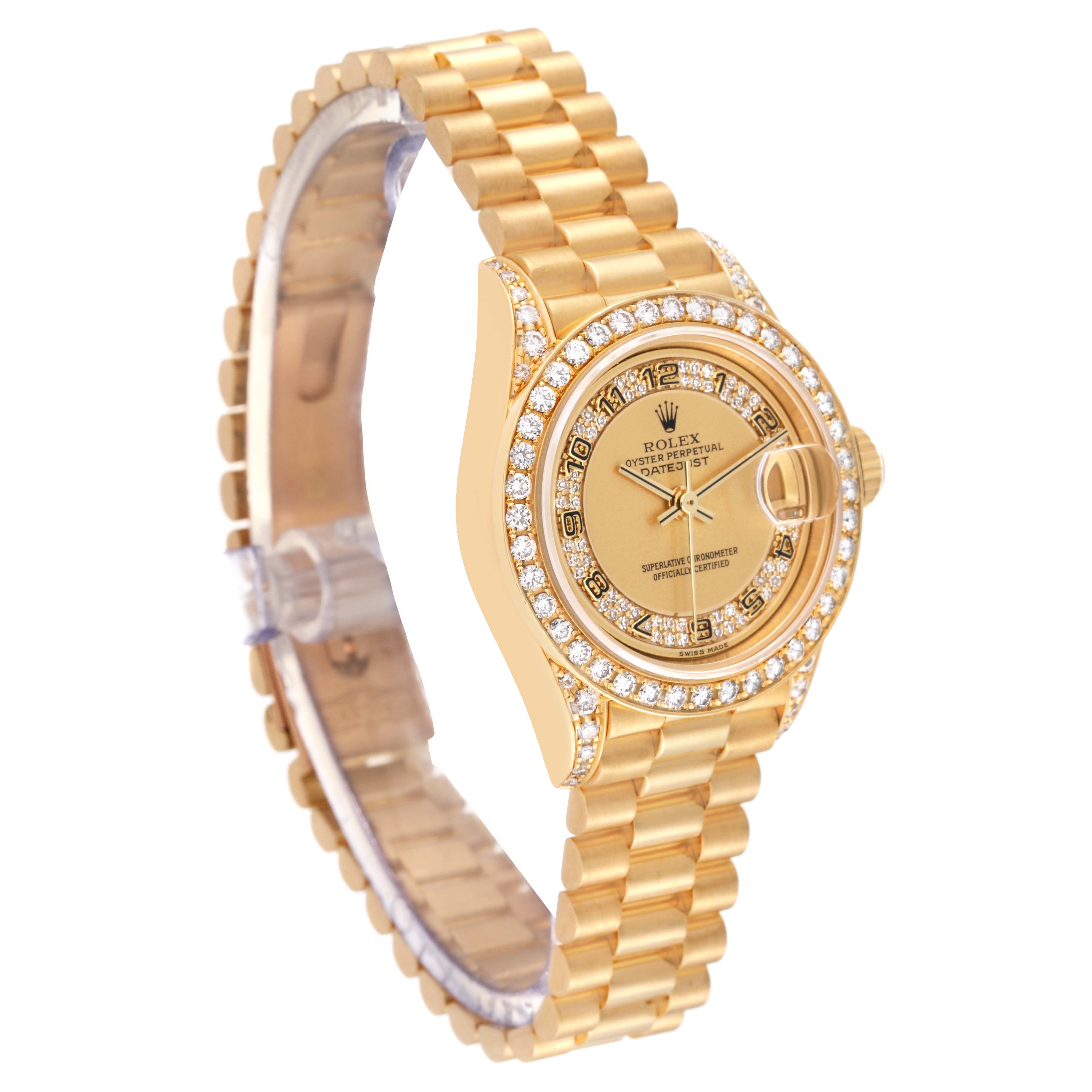 The image shows a side angle of the Rolex President 69158 Women
s Yellow Gold Champagne Dial 69158 Women
s Yellow Gold Champagne Dial model watch, highlighting the face, bezel, and band.