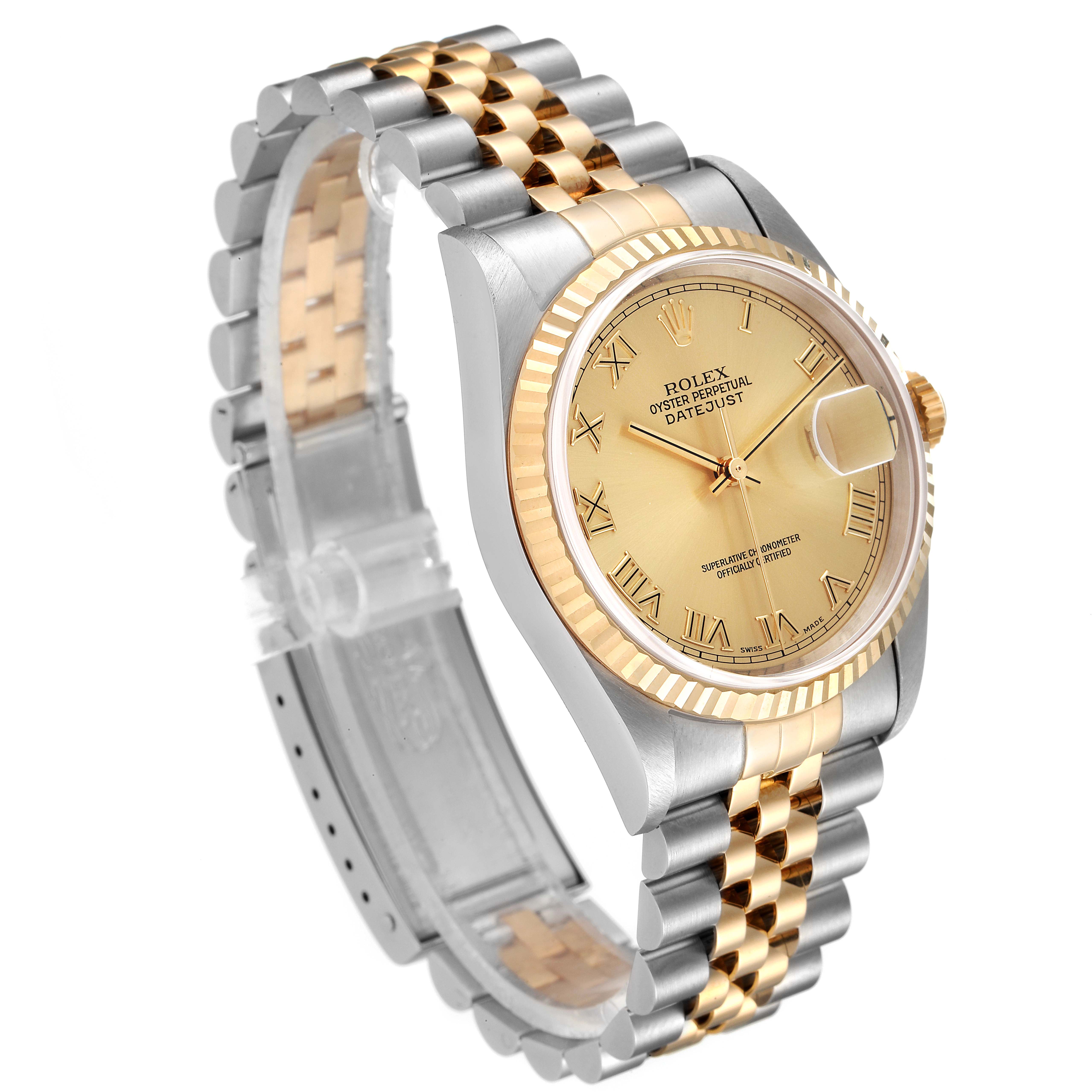 The photo shows a Rolex Datejust 16233 Men's Steel and Gold (two tone) Champagne Dial 16233 Men's Steel and Gold (two tone) Champagne Dial watch at an angle highlighting the face, bezel, and two-tone bracelet.