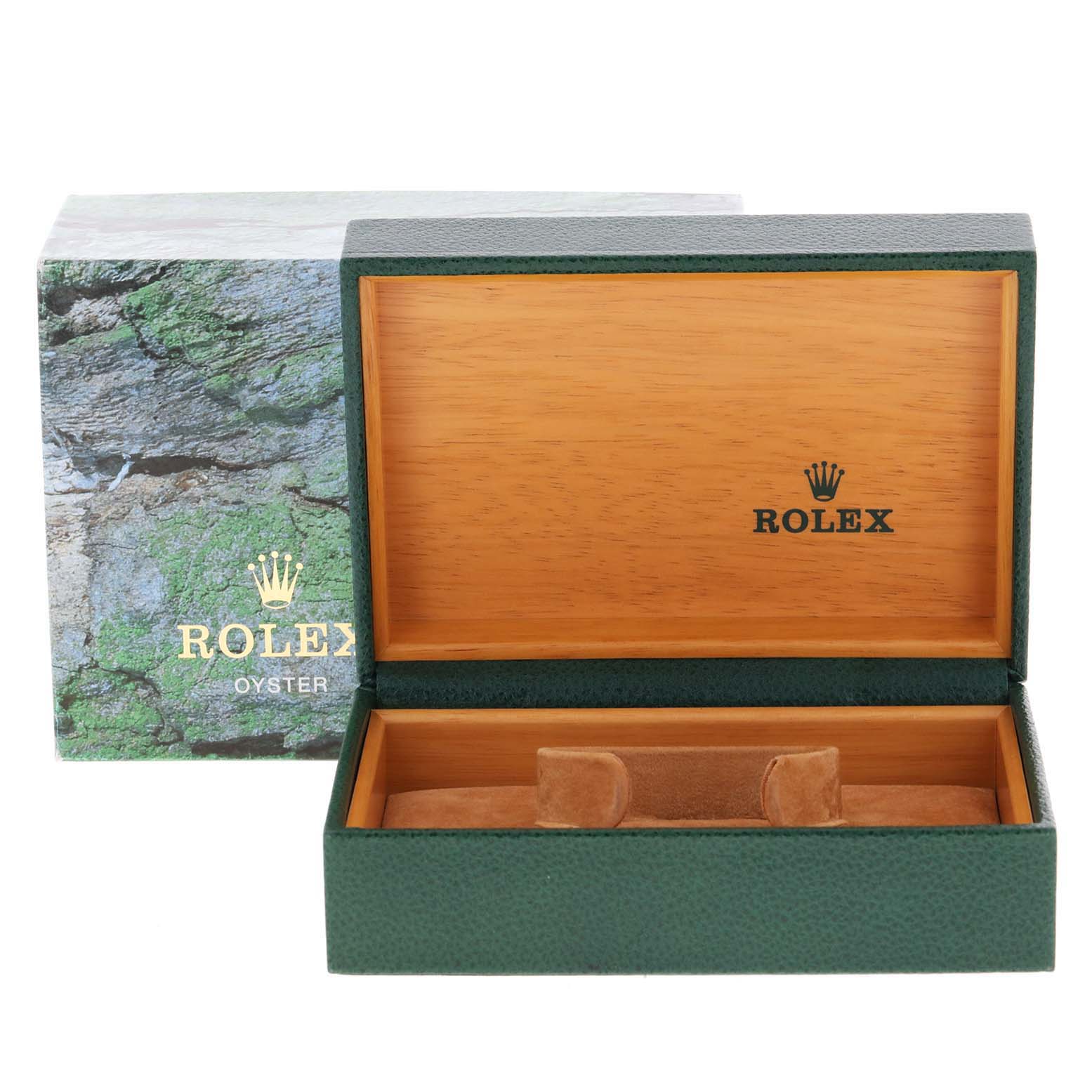 The image shows an open, empty Rolex Datejust 16233 Men's Steel and Gold (two tone) Champagne Dial 16233 Men's Steel and Gold (two tone) Champagne Dial watch box and its outer packaging from a frontal angle.