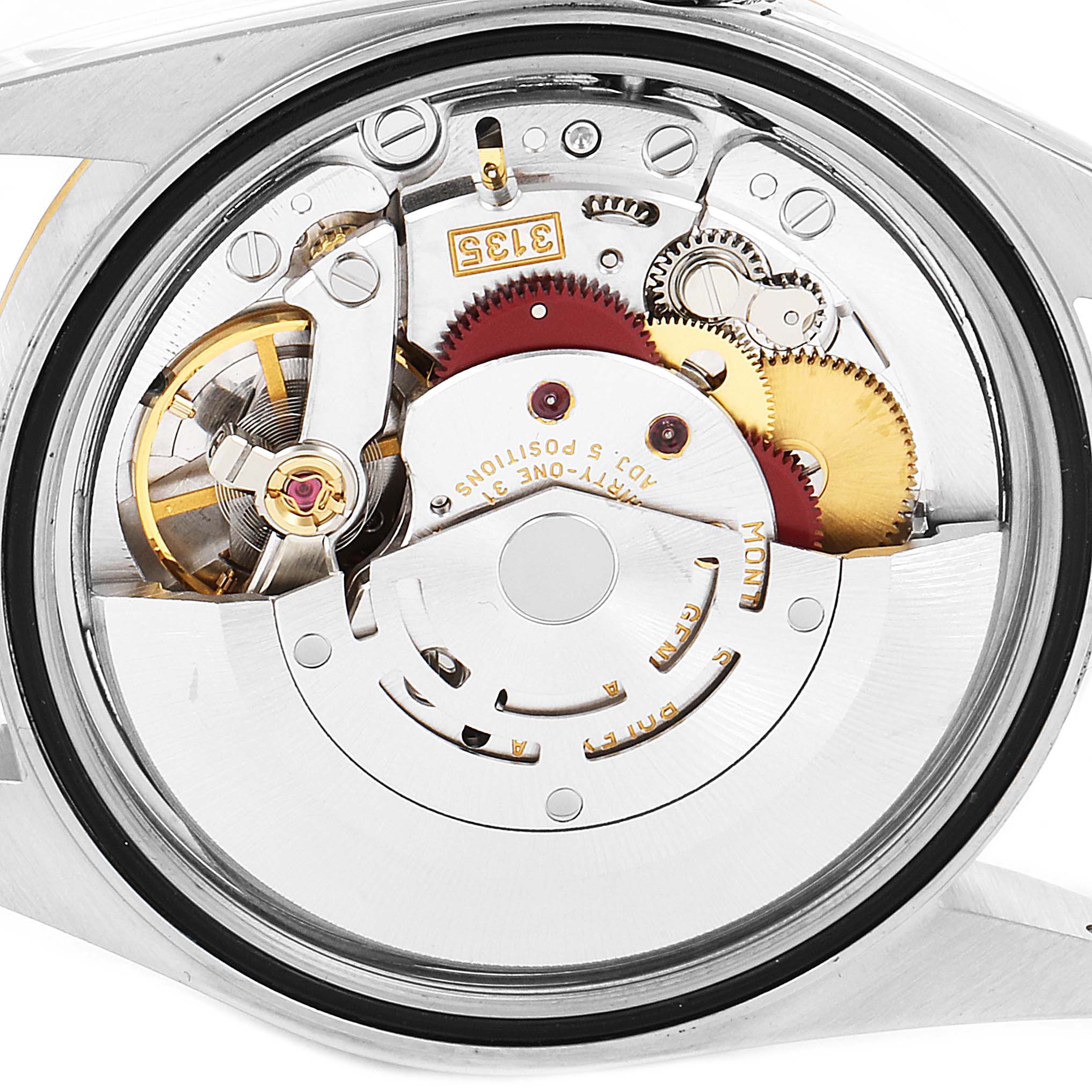 This image shows the inner mechanical movement of a Rolex Datejust 16233 Men's Steel and Gold (two tone) Champagne Dial 16233 Men's Steel and Gold (two tone) Champagne Dial watch, viewed from the back.