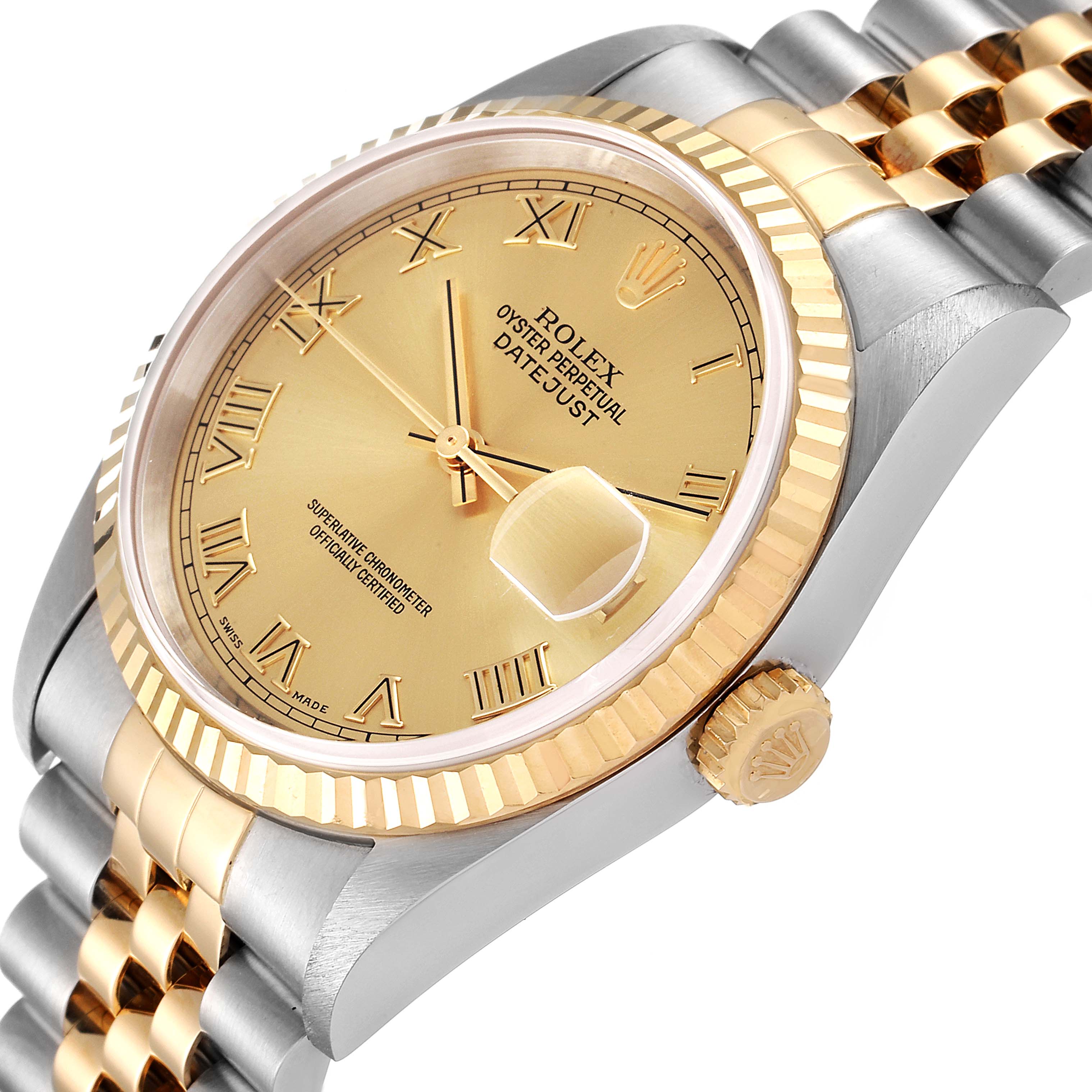 The Rolex Datejust 16233 Men's Steel and Gold (two tone) Champagne Dial 16233 Men's Steel and Gold (two tone) Champagne Dial watch is shown from a side angle, highlighting its dial, bezel, crown, and part of the bracelet.