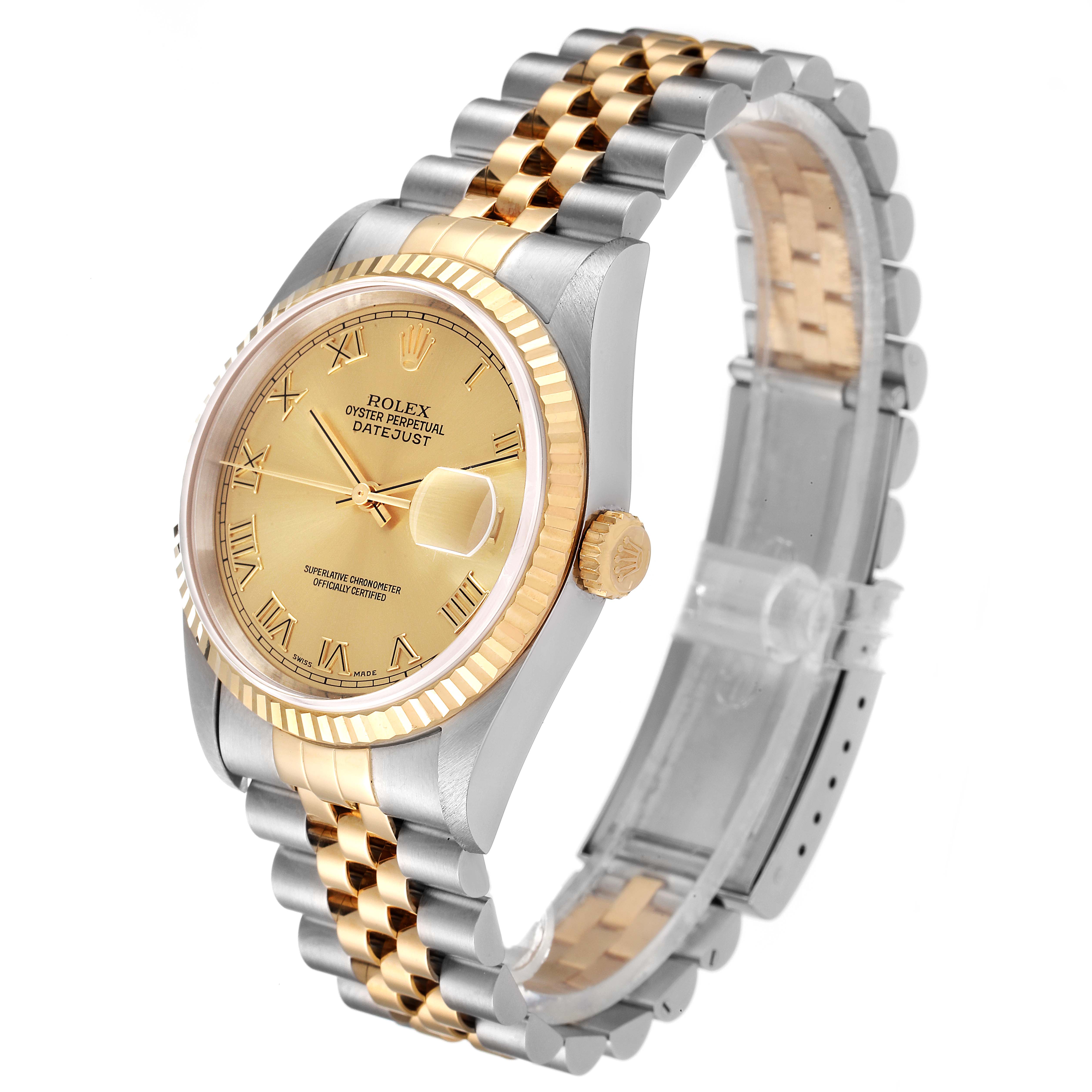 The Rolex Datejust 16233 Men's Steel and Gold (two tone) Champagne Dial 16233 Men's Steel and Gold (two tone) Champagne Dial watch is shown at a front-left angle, displaying its face, bezel, crown, and bi-metal Jubilee bracelet.