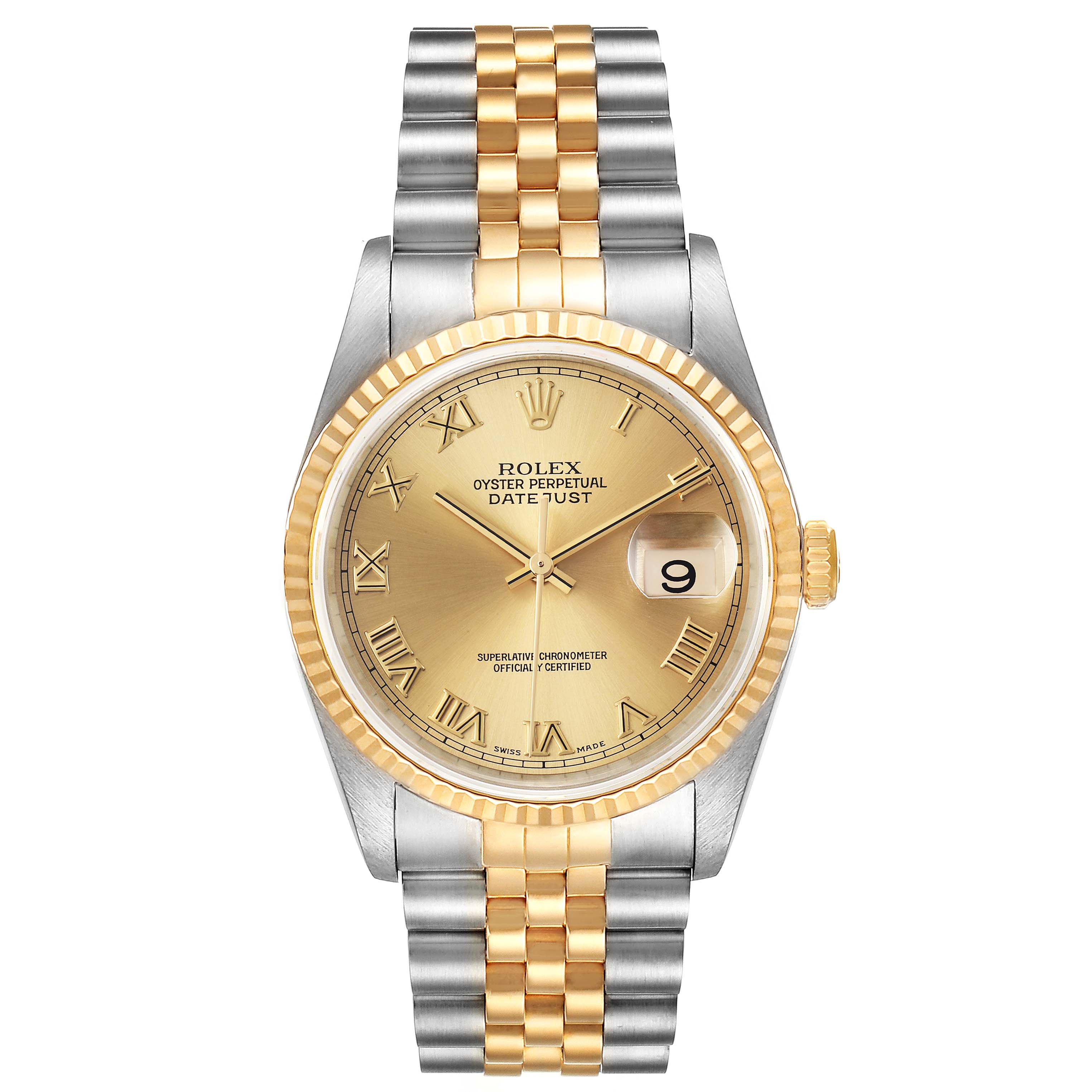 This image shows a front view of a Rolex Datejust 16233 Men's Steel and Gold (two tone) Champagne Dial 16233 Men's Steel and Gold (two tone) Champagne Dial watch, highlighting the dial, fluted bezel, and Jubilee bracelet.