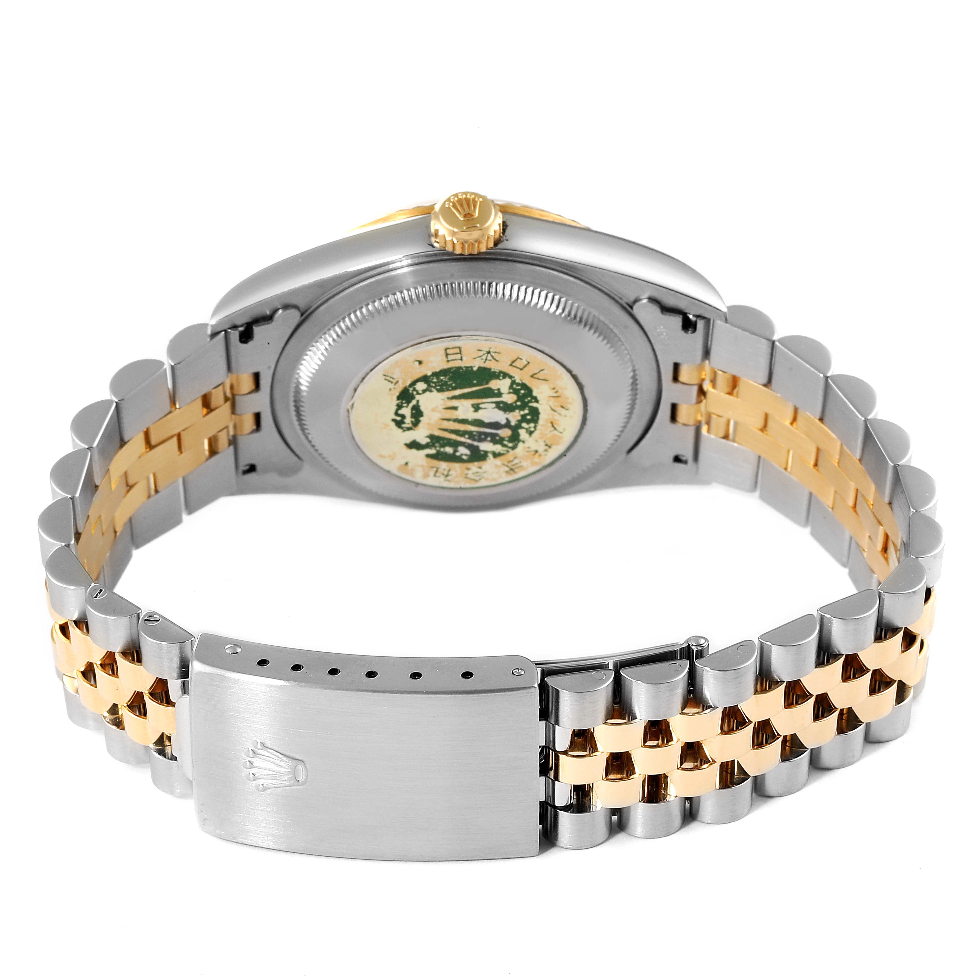 The image shows the back view of a Rolex Datejust 16233 Men's Steel and Gold (two tone) Champagne Dial 16233 Men's Steel and Gold (two tone) Champagne Dial watch, highlighting the case back, bracelet, and clasp.