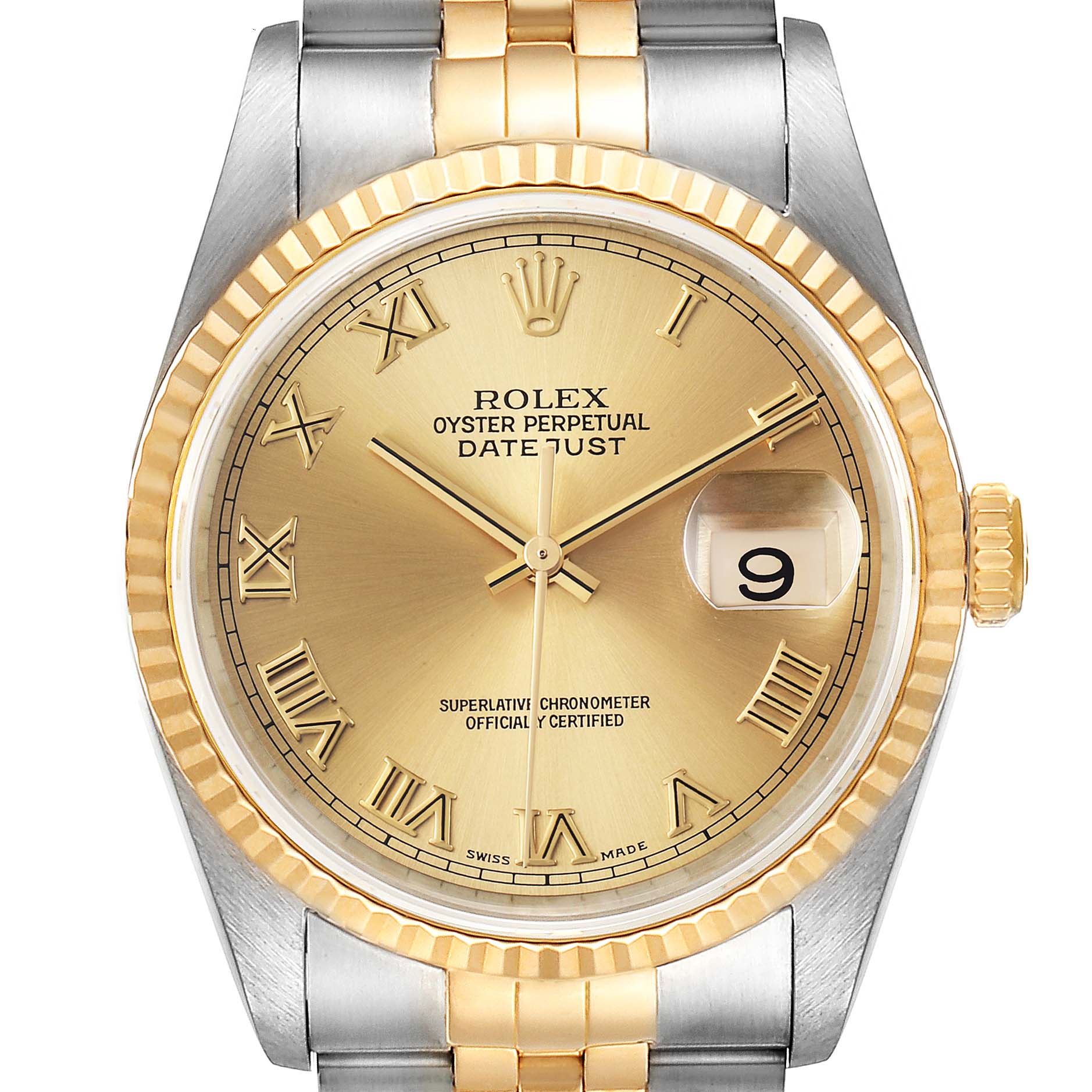 This image shows the face of a Rolex Datejust 16233 Men's Steel and Gold (two tone) Champagne Dial 16233 Men's Steel and Gold (two tone) Champagne Dial watch, featuring a gold dial, date display, and a two-tone metal bracelet.
