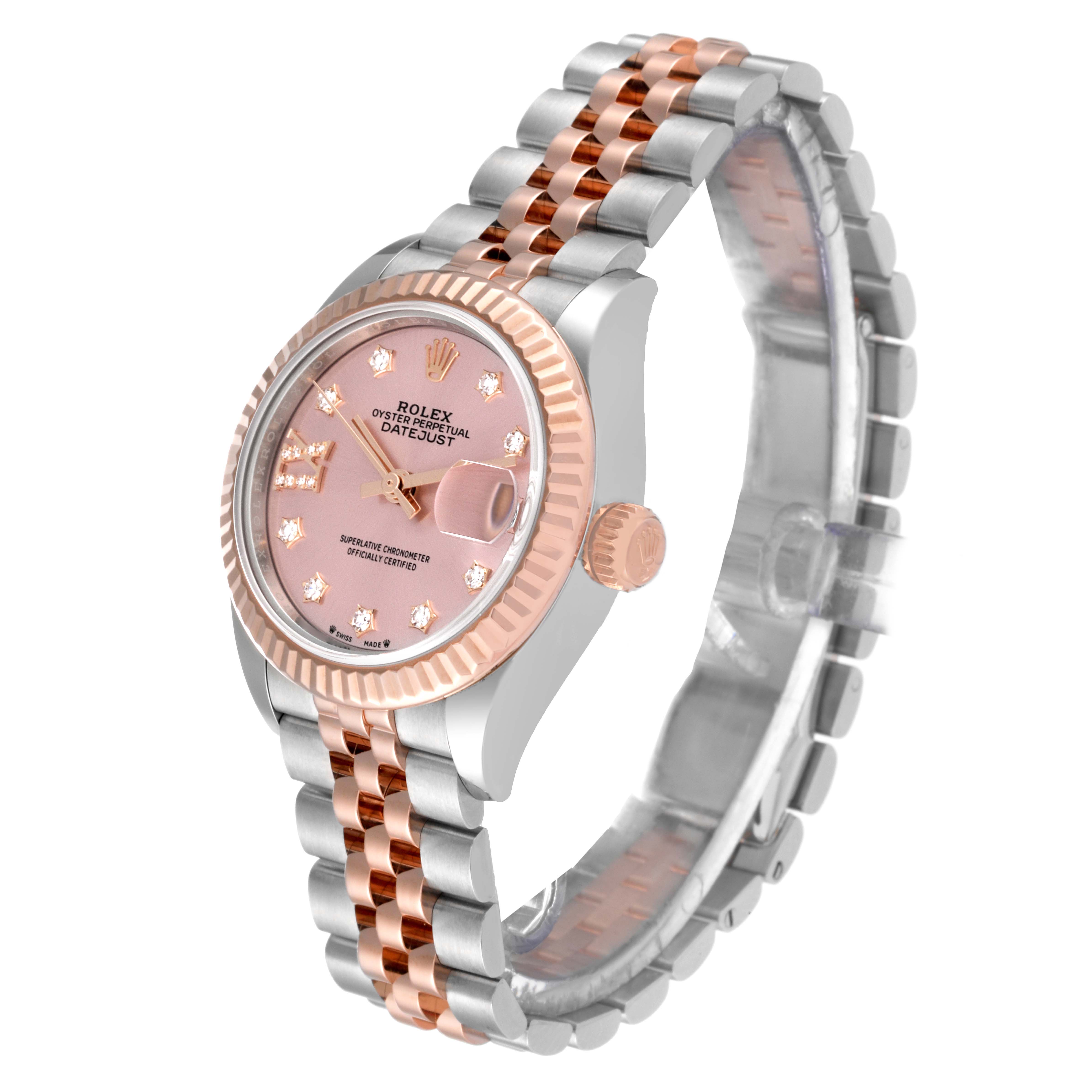 The image shows a Rolex Datejust 279171 Women's Stainless Steel Pink Dial 279171 Women's Stainless Steel Pink Dial watch from a three-quarter angle, highlighting the dial, bezel, crown, and bracelet.