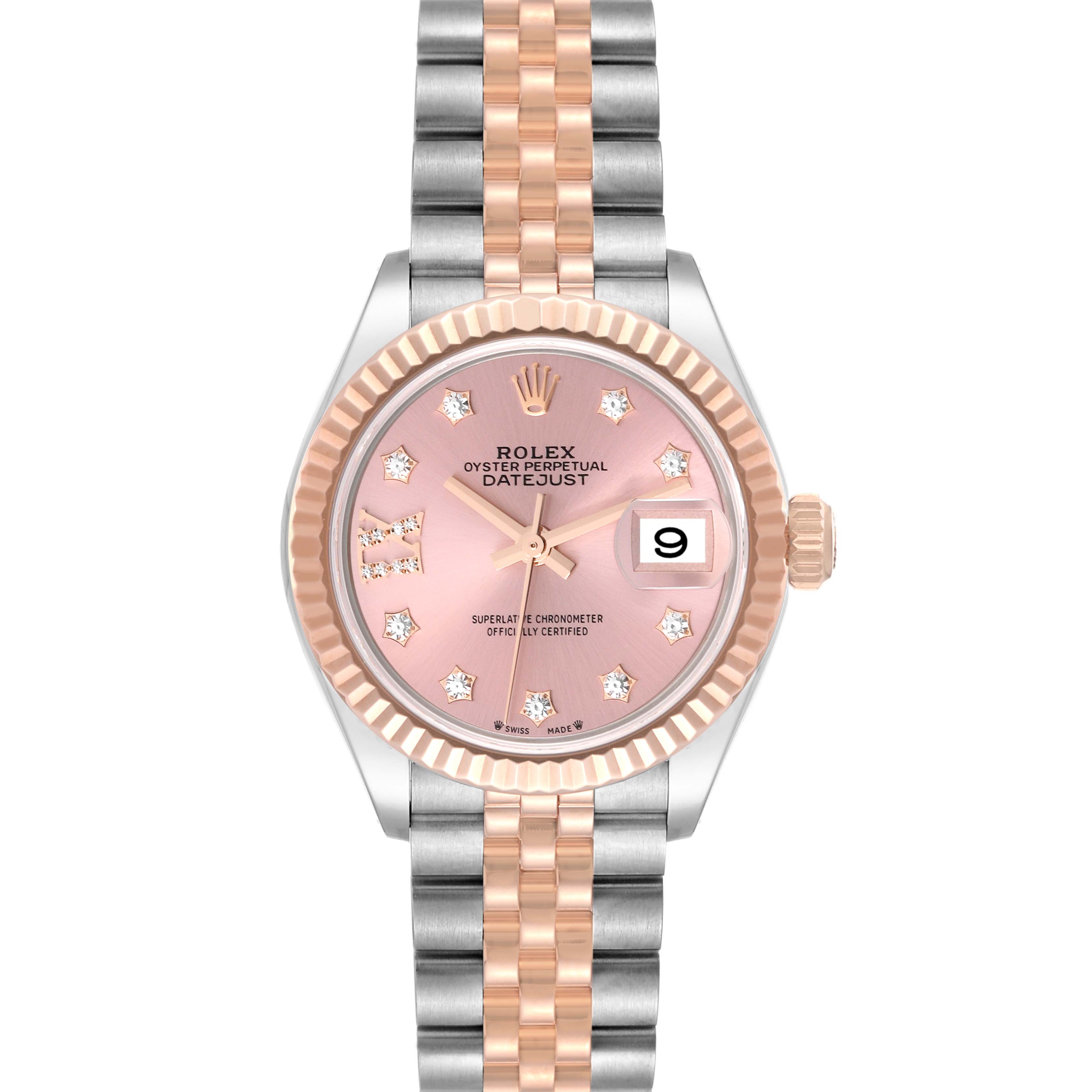 This image shows a Rolex Datejust 279171 Women's Stainless Steel Pink Dial 279171 Women's Stainless Steel Pink Dial watch from a straight-on angle, featuring a pink dial, diamond hour markers, and a two-tone bracelet.