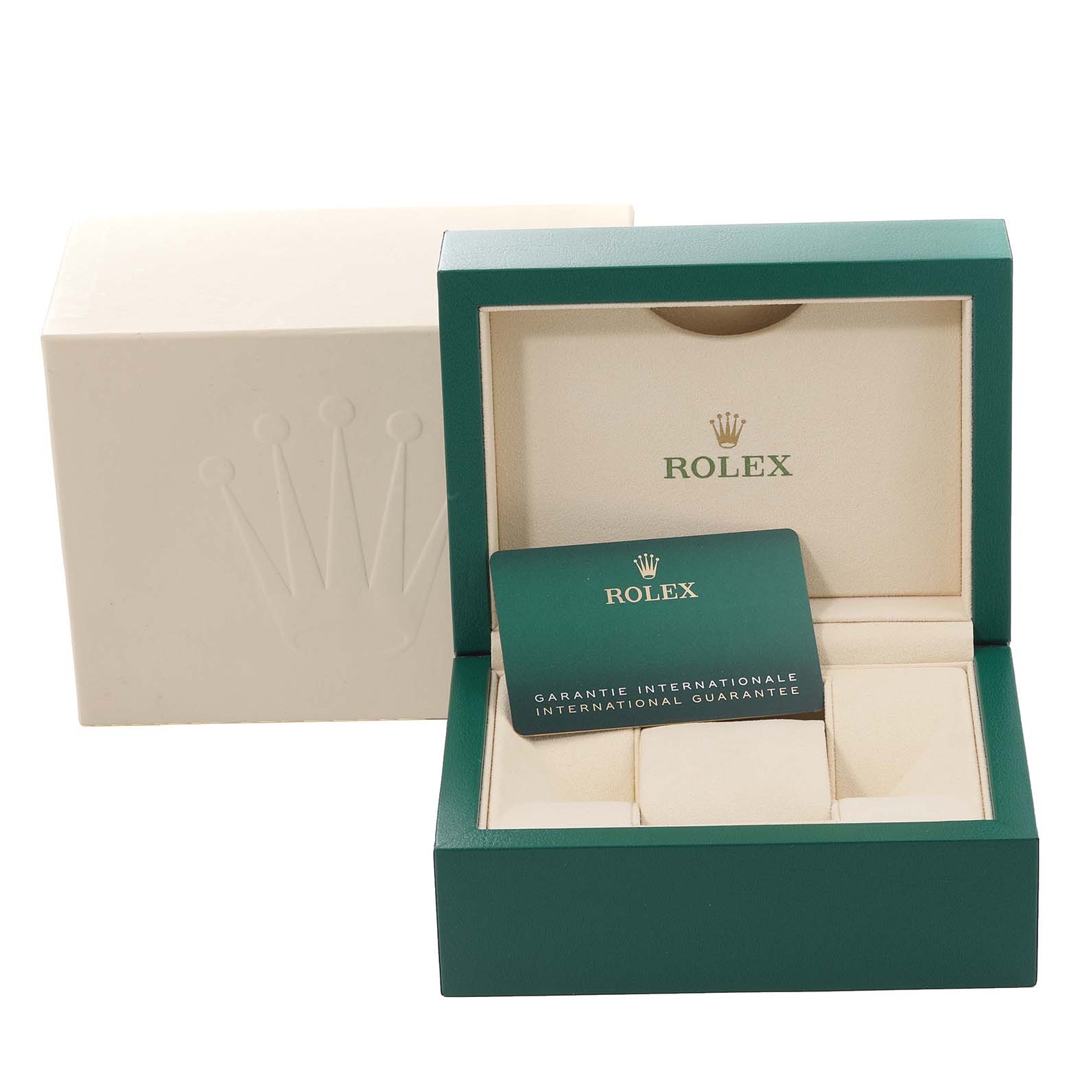 The image shows the box and international guarantee card of a Rolex Datejust 279171 Women's Stainless Steel Pink Dial 279171 Women's Stainless Steel Pink Dial model.